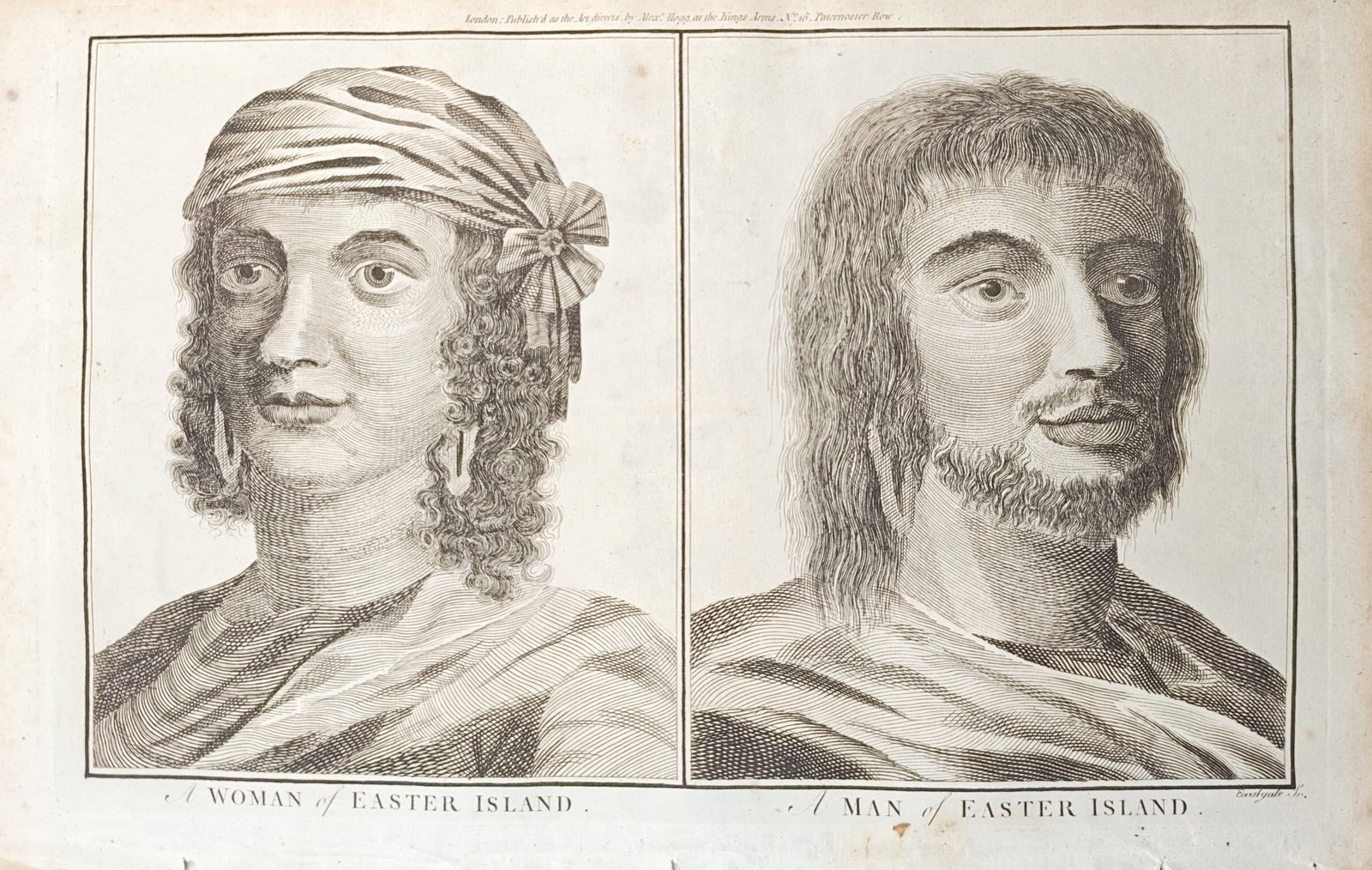 Alexander Hogg – Easter Island Inhabitants Portraits – Engraving (18th Century): "A Woman of Easter Island, A Man of Easter Island" depicts ethnographic portrait studies of indigenous Rapa Nui figures, showcasing their distinctive hairstyles, facial features, and draped attire. Pu