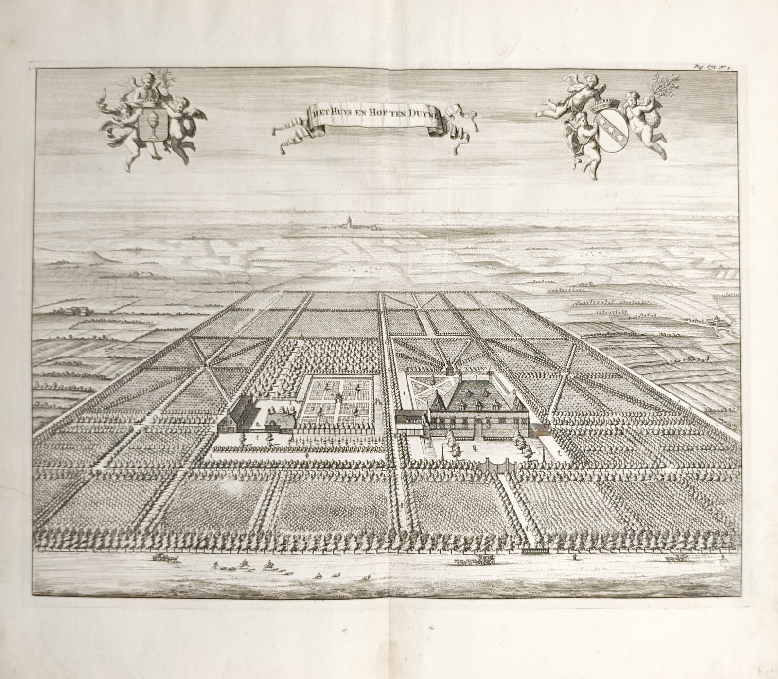 Mattheus Smallegange – Ten Duyn Manor and Formal Gardens – Engraving (1696): "The House and Garden of Ten Duyn" illustrates an expansive bird's-eye topographical view of a country estate, showcasing geometric parterres, orchards, tree-lined avenues, and the surrounding rural l