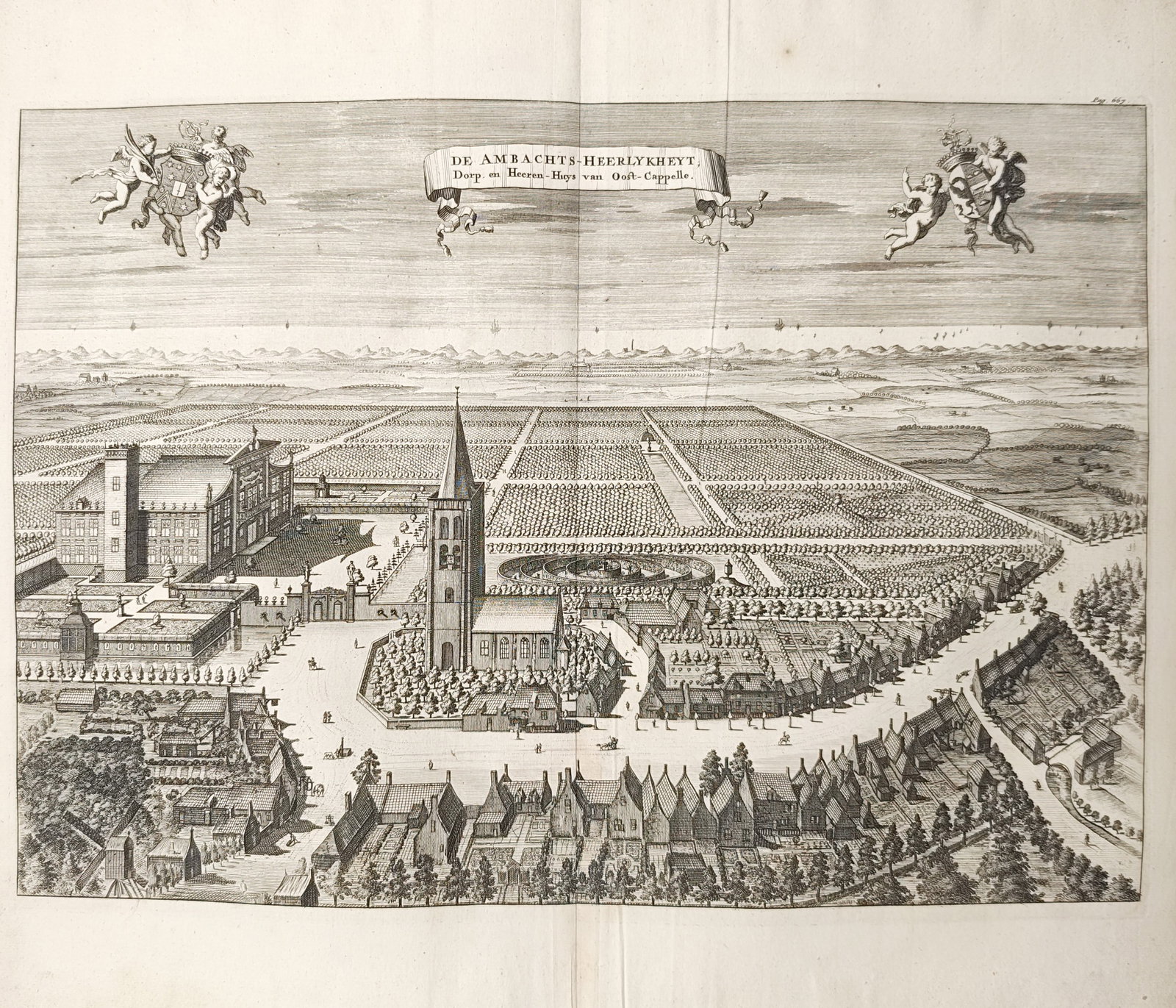Mattheus Smallegange – Oostkapelle Village and Manor House Panorama – Engraving (1696): "The Manorial Lordship, Village, and Manor House of Oostkapelle" presents an expansive bird's-eye topographical panorama of the village church, surrounding domestic settlements, and formal estate grou