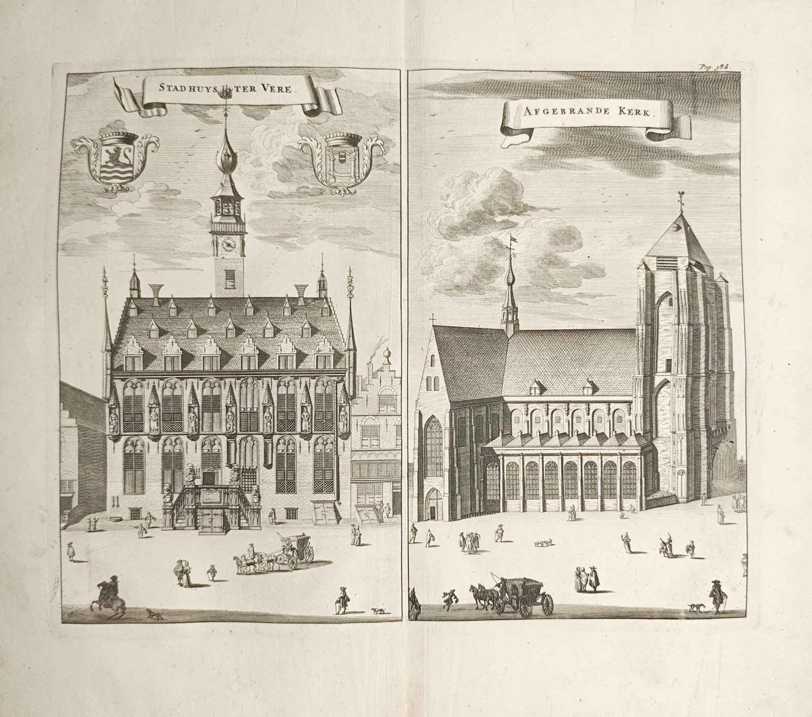 Mattheus Smallegange – Veere Town Hall and Burnt Church Architectural Views – Engraving (1696): "Town Hall of Veere, Burnt Church" illustrates the monumental Gothic civic hall alongside the grand parish church of Veere, enlivened by horse-drawn carriages, civic heraldry, and strolling figures. P