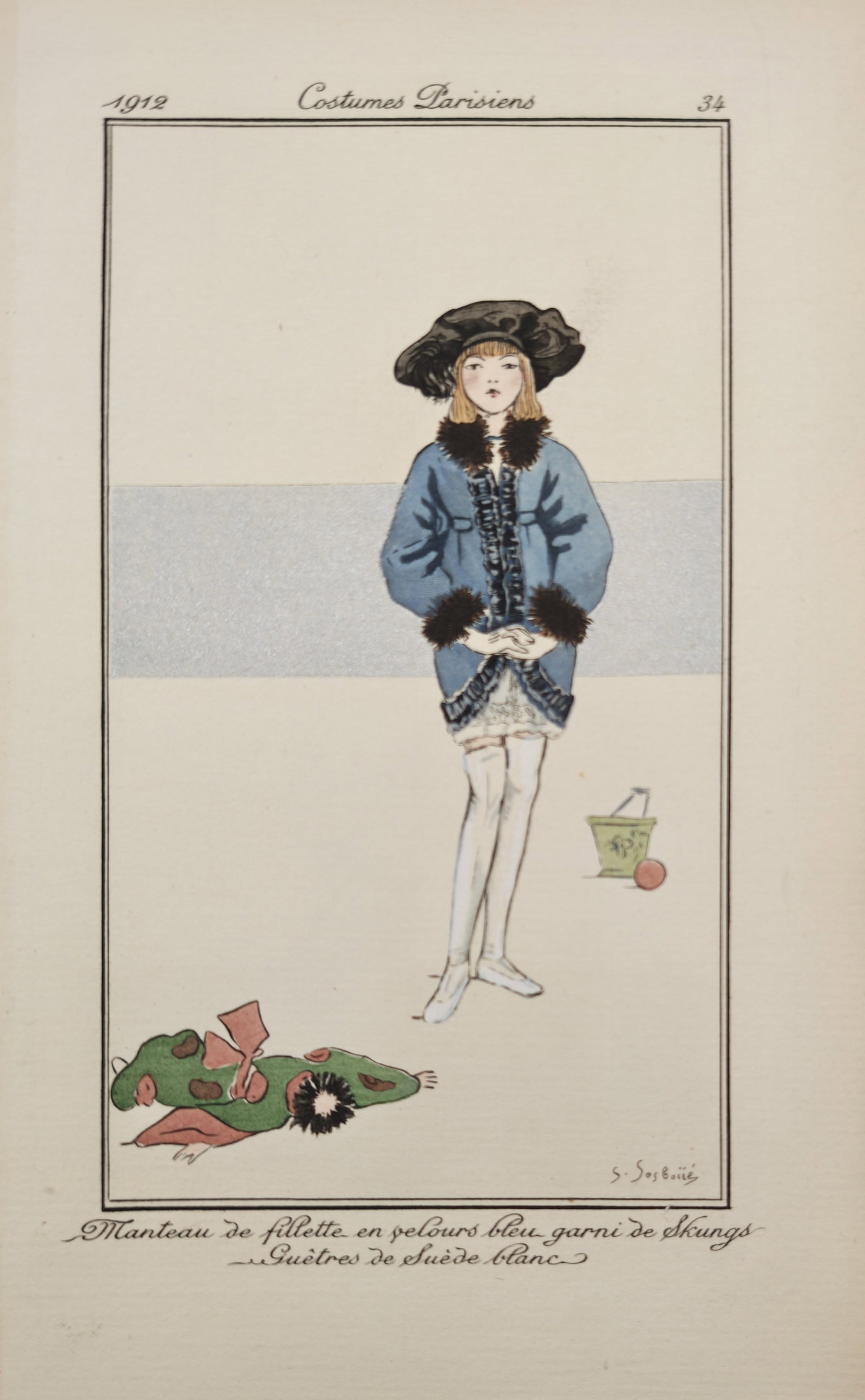 Suzanne Sesboüe – Young Girl in Blue Velvet Coat – Pochoir (1912): "Young Girl's Coat in Blue Velvet Trimmed with Skunk, White Suede Gaiters" illustrates an elegant Parisian juvenile fashion plate featuring a standing girl dressed in a fur-trimmed azure coat, floppy 