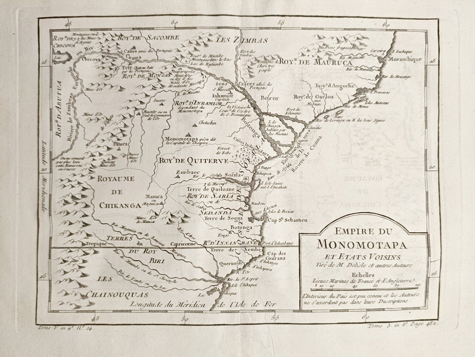 Jacques-Nicolas Bellin – Map of the Empire of Monomotapa and Neighboring States – Engraving: "Empire of Monomotapa and Neighboring States" illustrates the historical geography of southeastern Africa, documenting the Zambezi River basin, coastal Mozambique, inland kingdoms, and regional settle