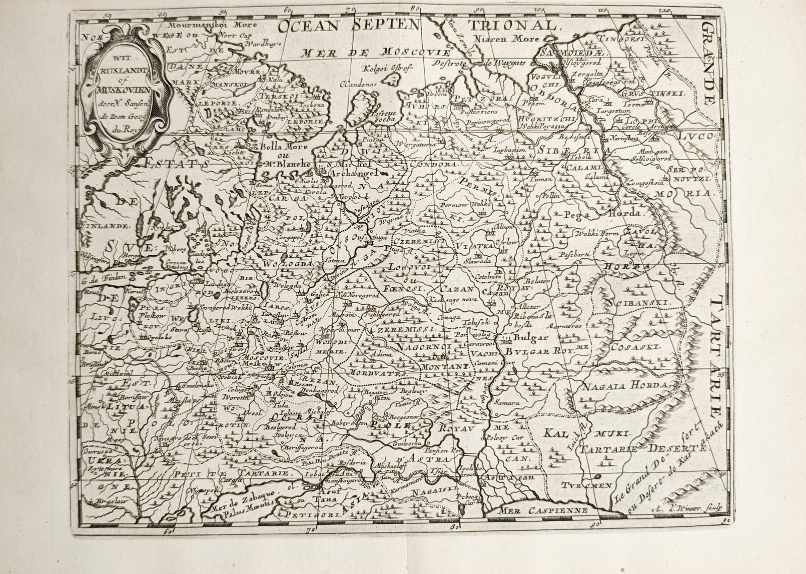 Nicolas Sanson – Map of White Russia or Muscovy – Eastern Europe and Russia – Engraving: "White Russia or Muscovy" illustrates the historical territories of the Tsardom of Russia, encompassing regions from the Arctic Ocean and the White Sea down to the Caspian Sea and the borders of Grand