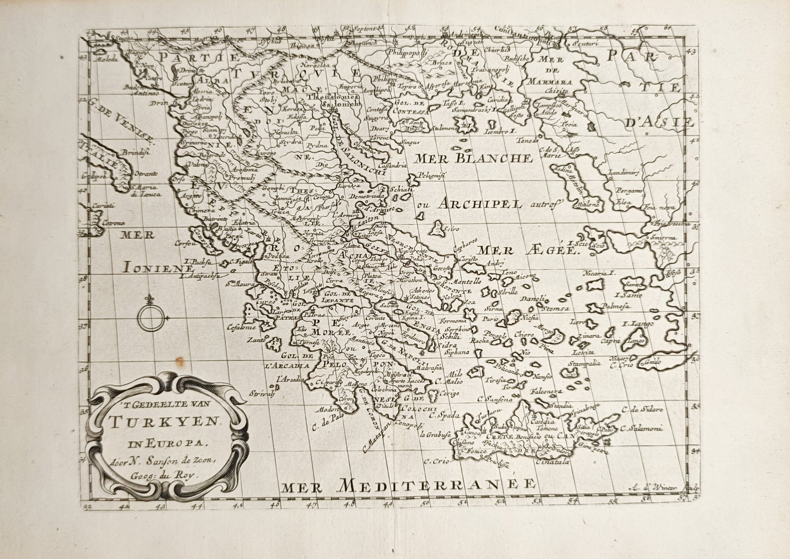 Nicolas Sanson – Map of Turkey in Europe and Greece – Balkans and Eastern Mediterranean: "Part of Turkey in Europe" illustrates the historical geography of Greece, the Aegean Archipelago, Crete, and adjacent Balkan territories under Ottoman rule beneath an ornate strapwork title cartouche