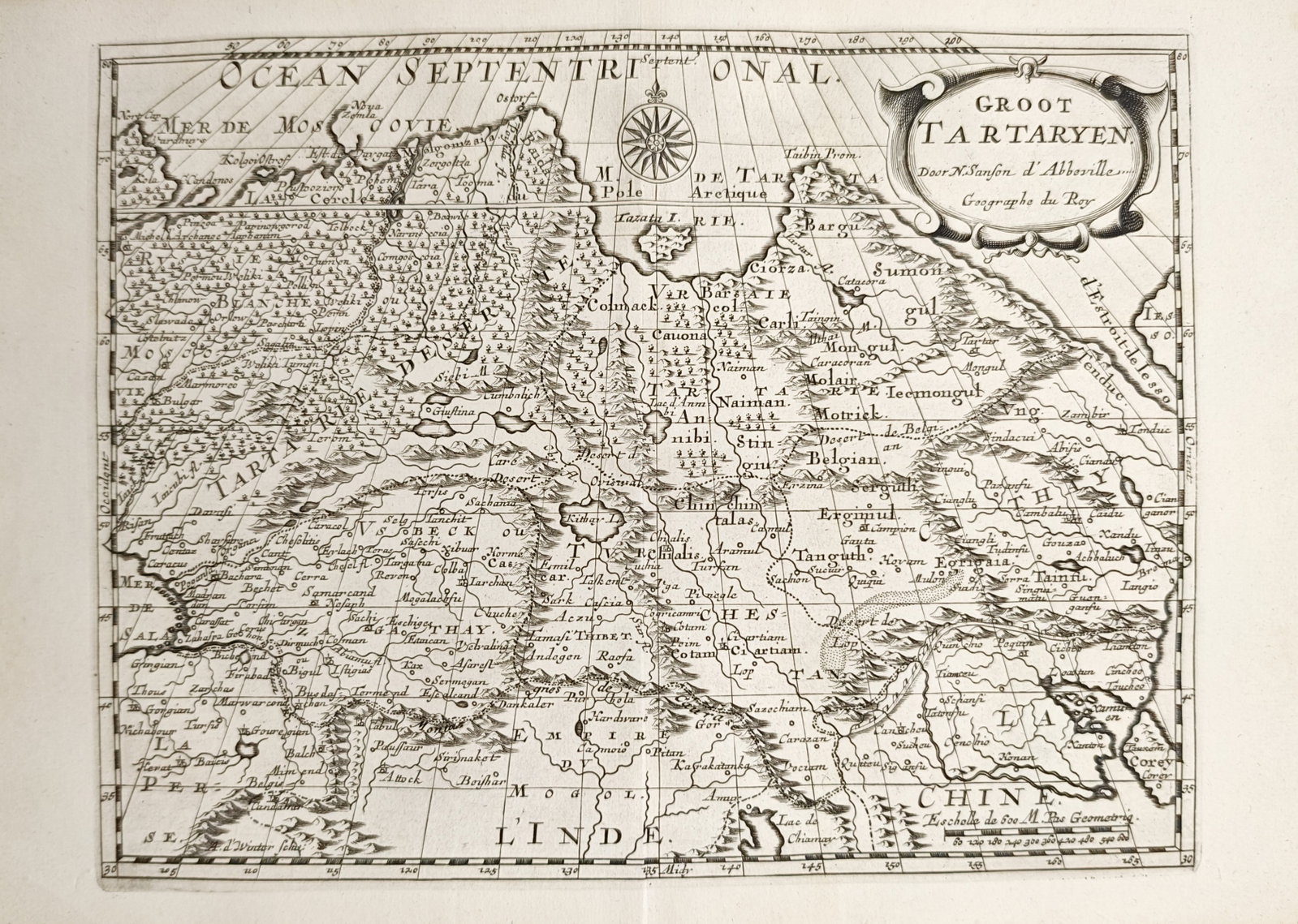 Nicolas Sanson – Map of Great Tartary – Central and North Asia – Engraving (17th Century): "Great Tartary" illustrates the vast northern and central Asian territories stretching from Muscovy and the Arctic Ocean across Siberia to the Great Wall of China and the Straits of Iesso beneath an o