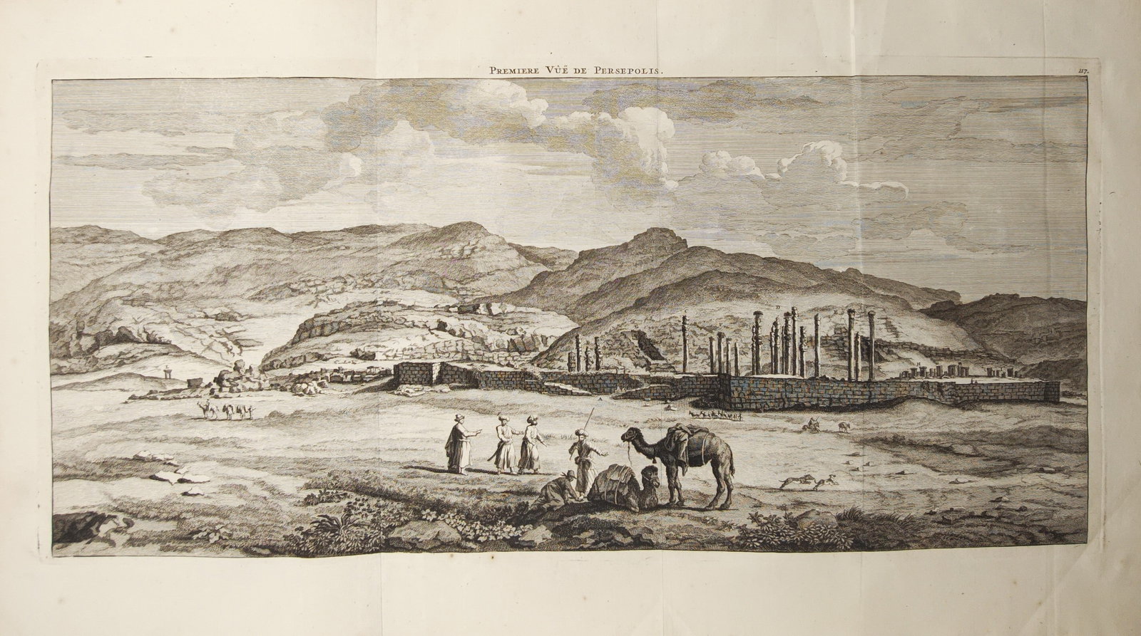 Cornelis de Bruyn – First View of Persepolis Landscape – Engraving (18th Century): "First View of Persepolis" illustrates the ancient ruins of the Persian ceremonial capital set against rugged mountain ranges, depicting standing monumental columns, stone platforms, and travelers wit