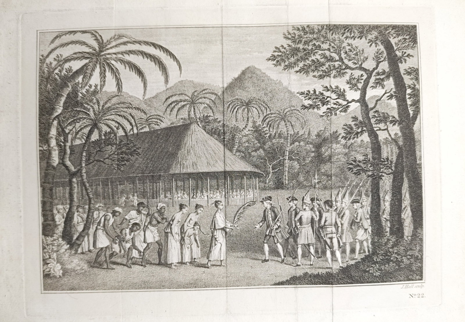John Hall – Encounter Between European Explorers and Pacific Islanders – Engraving (18th: "Encounter Between European Explorers and Pacific Islanders" portrays an early diplomatic meeting between uniformed naval officers and local inhabitants bearing peace offerings before an expansive tha