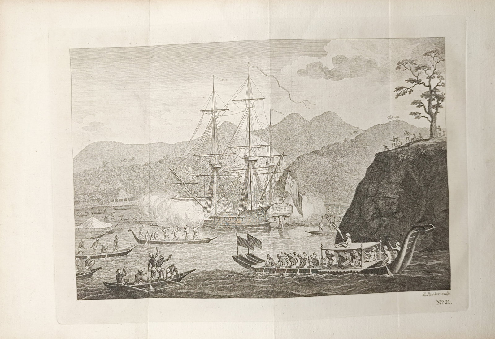Edward Rooker – Naval Vessel Firing Guns in a Pacific Bay with War Canoes – Engraving (1 of 2)