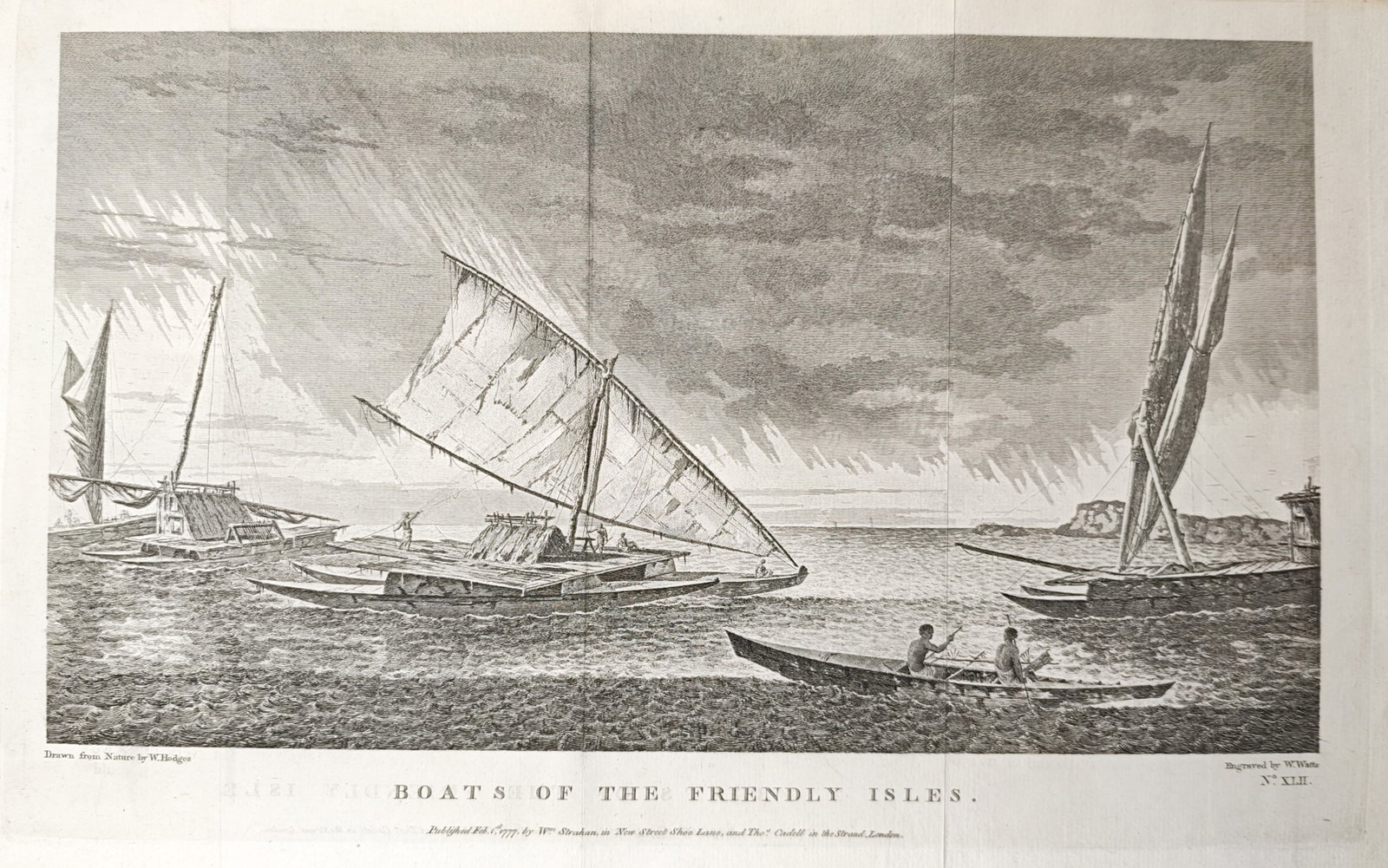William Watts – Boats of the Friendly Isles – Engraving (1777): "Boats of the Friendly Isles" portrays traditional sailing proas and outrigger canoes maneuvering across choppy coastal waters under a dramatic expanse of stormy skies. Published in 1777 by William St