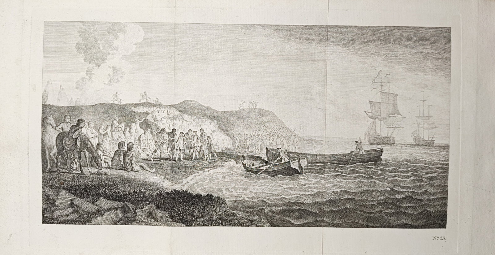 John Hall – Landing of European Navigators on an Island Coast – Engraving (18th Century): "Landing of European Navigators on an Island Coast" portrays European naval officers and sailors arriving in small boats upon a sandy shore to encounter a gathering of indigenous inhabitants along coa