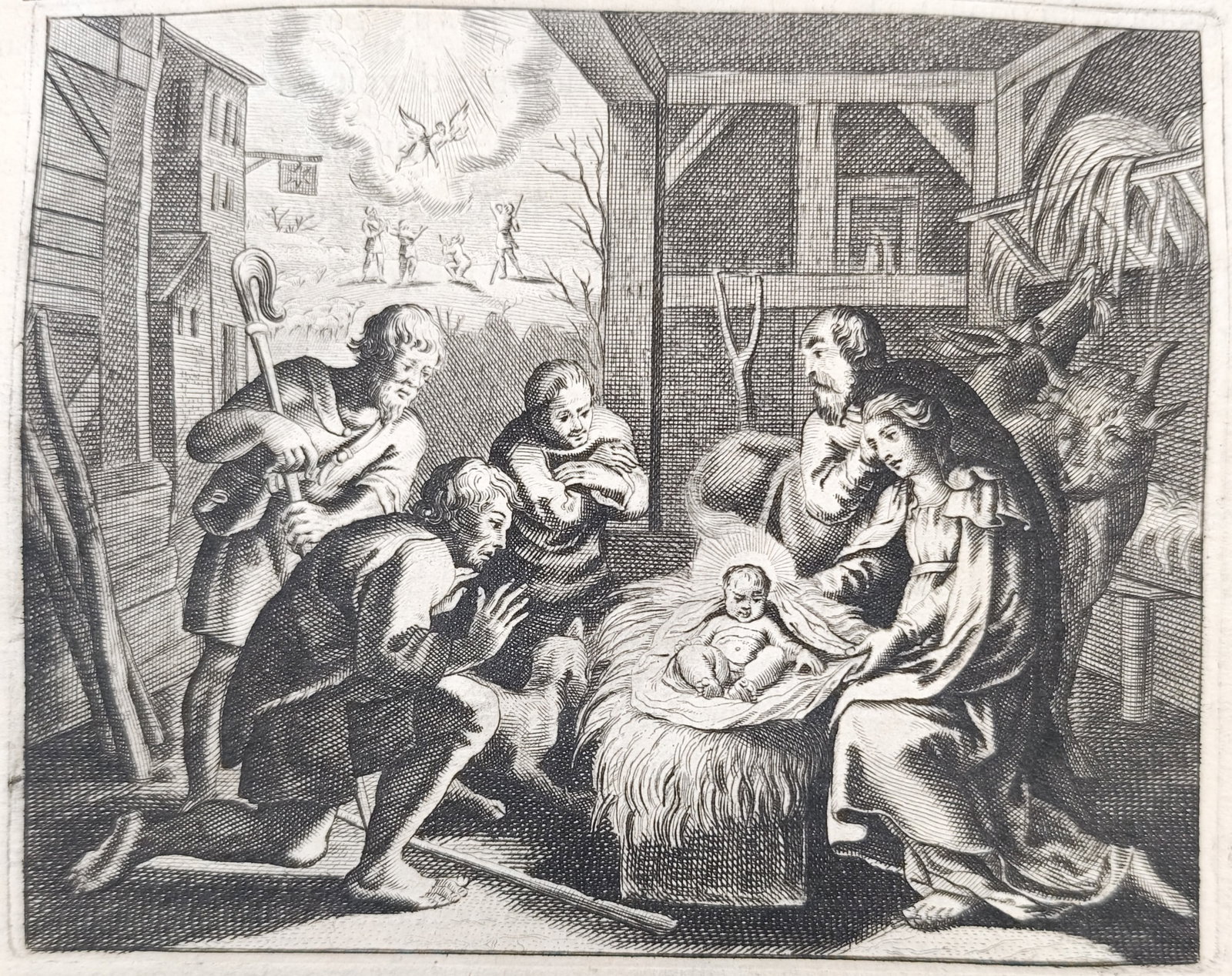 Nicolas Fontaine – The Nativity of Jesus Christ – Engraving (18th Century): "Birth of Jesus Christ" illustrates the Nativity scene inside a rustic stable, depicting the Virgin Mary and Saint Joseph kneeling in adoration before the radiant Christ Child in a manger alongside vi