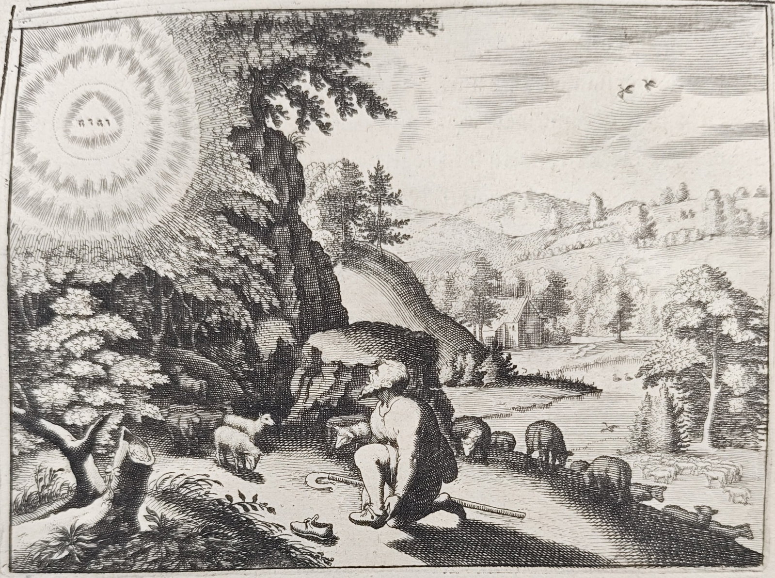 Nicolas Fontaine – Moses and the Burning Bush – Engraving (18th Century): "God Speaks to Moses from the Midst of a Burning Bush" portrays the biblical patriarch kneeling to remove his sandals before a radiant manifestation of the divine presence amidst a hilly pastoral land