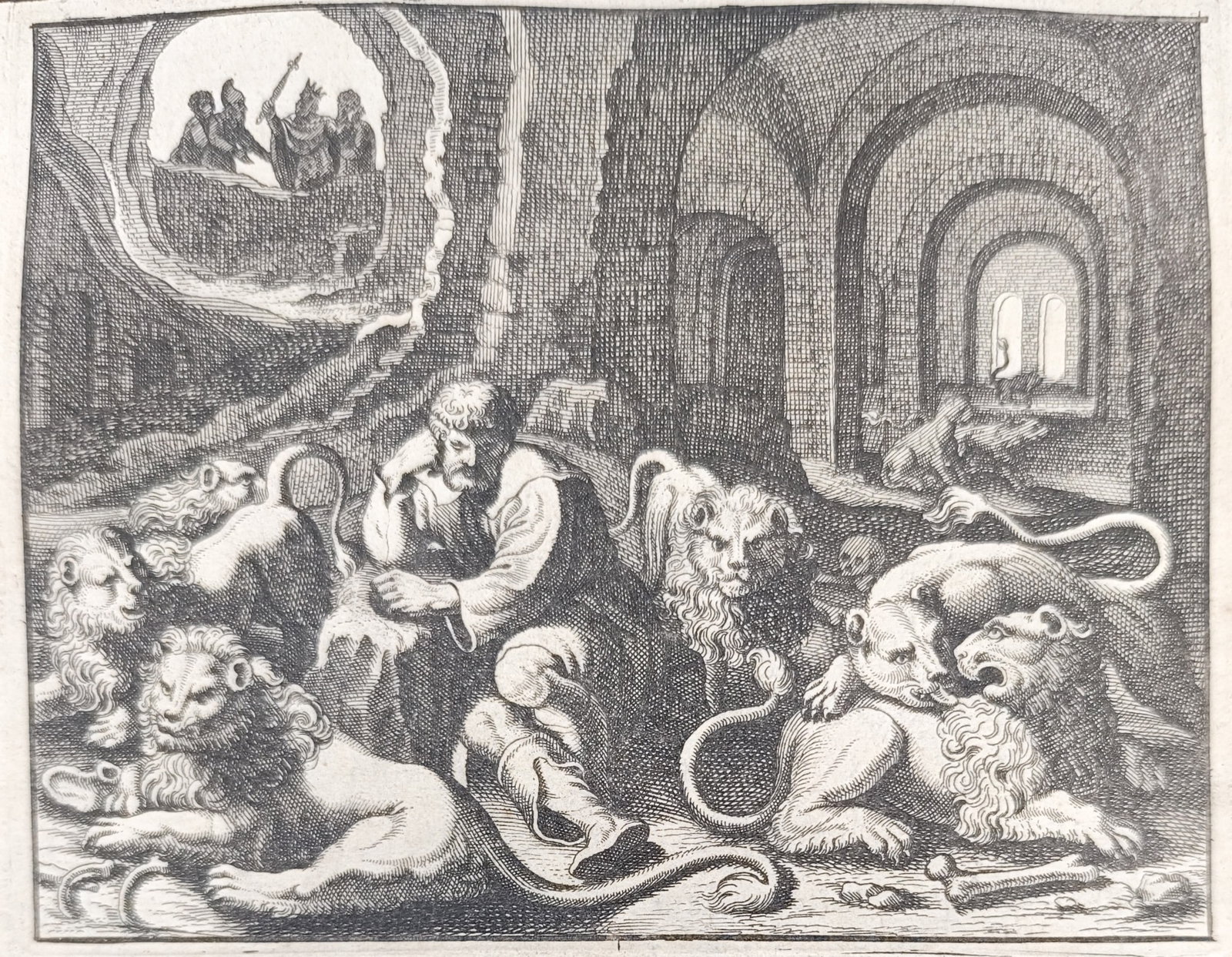 Nicolas Fontaine – Daniel in the Lions' Den – Engraving (18th Century): "Daniel Is Cast into the Lions' Den and Is Miraculously Delivered" illustrates the Old Testament prophet seated peacefully within a subterranean cavern surrounded by docent lions while King Darius pee