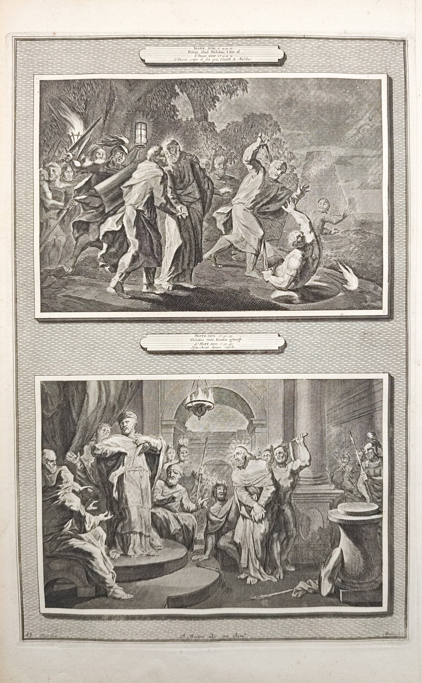 Pieter Mortier – The Betrayal of Christ and Christ Before Caiaphas – Engraving (circa 1700) (1 of 2)