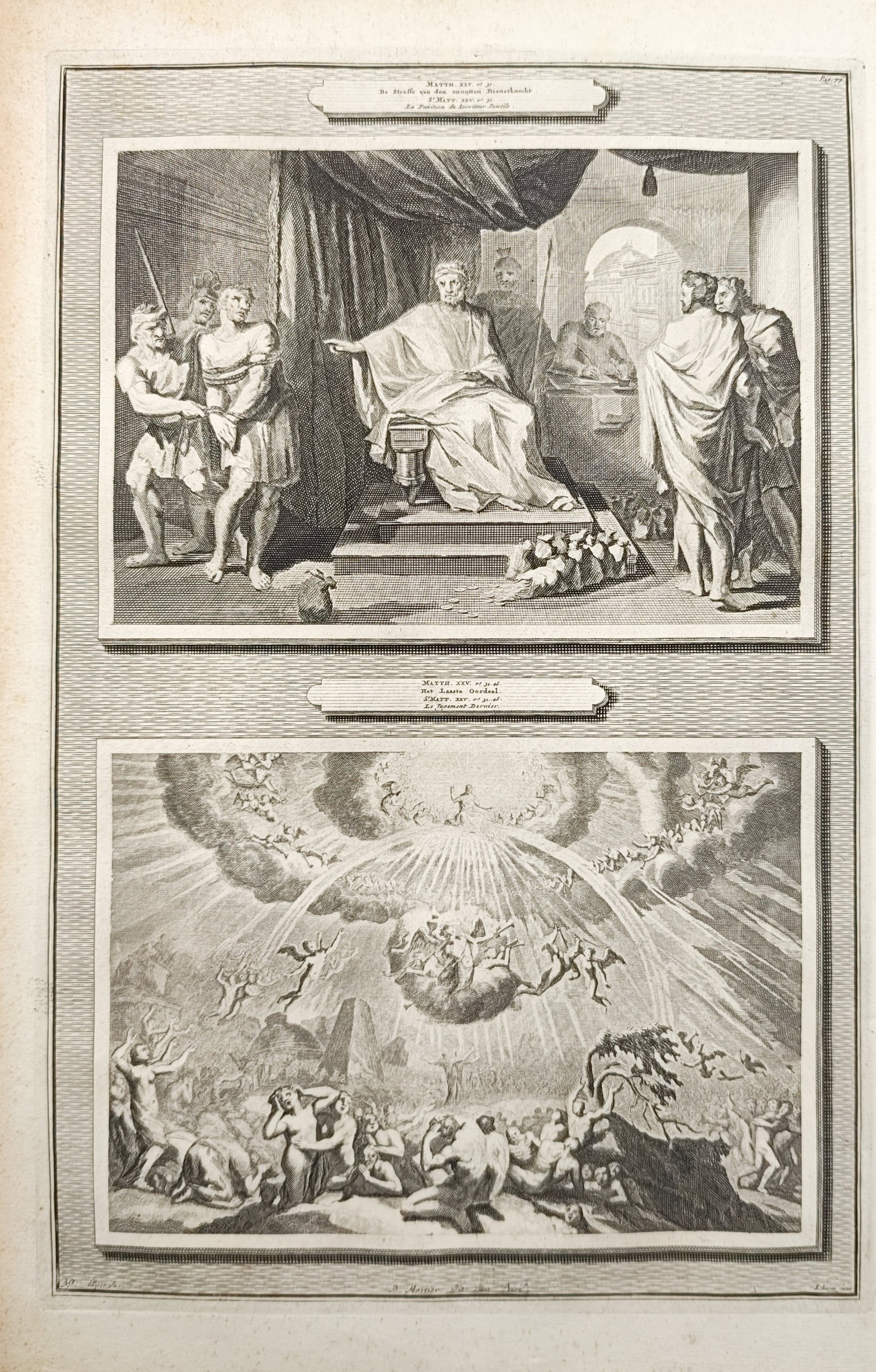 Pieter Mortier – Christ Before Pilate and the Last Judgment – Engraving (circa 1700): "Christ Before Pilate and the Last Judgment" illustrates sacred New Testament narratives presenting the Roman trial of Jesus alongside a celestial vision of final divine judgment rendered in fine line