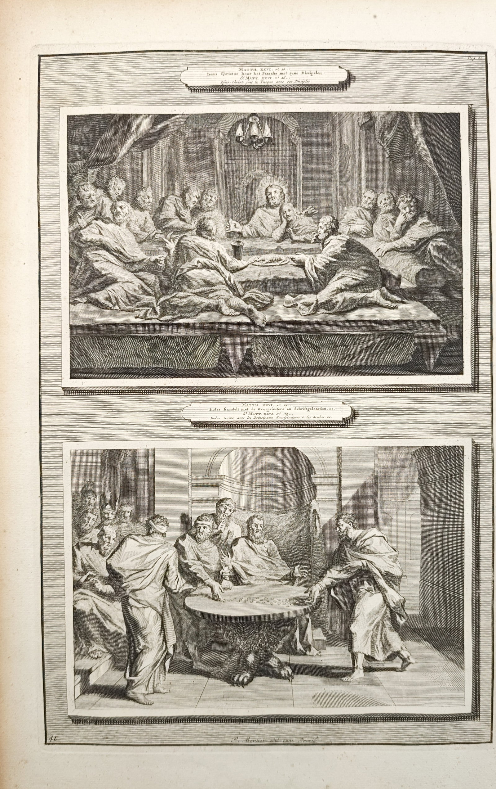 Pieter Mortier – The Last Supper and the Betrayal by Judas – Engraving (circa 1700): "The Last Supper and the Betrayal by Judas" illustrates key Gospel events including the final gathering of Christ with his disciples and the pact involving the thirty pieces of silver rendered within 