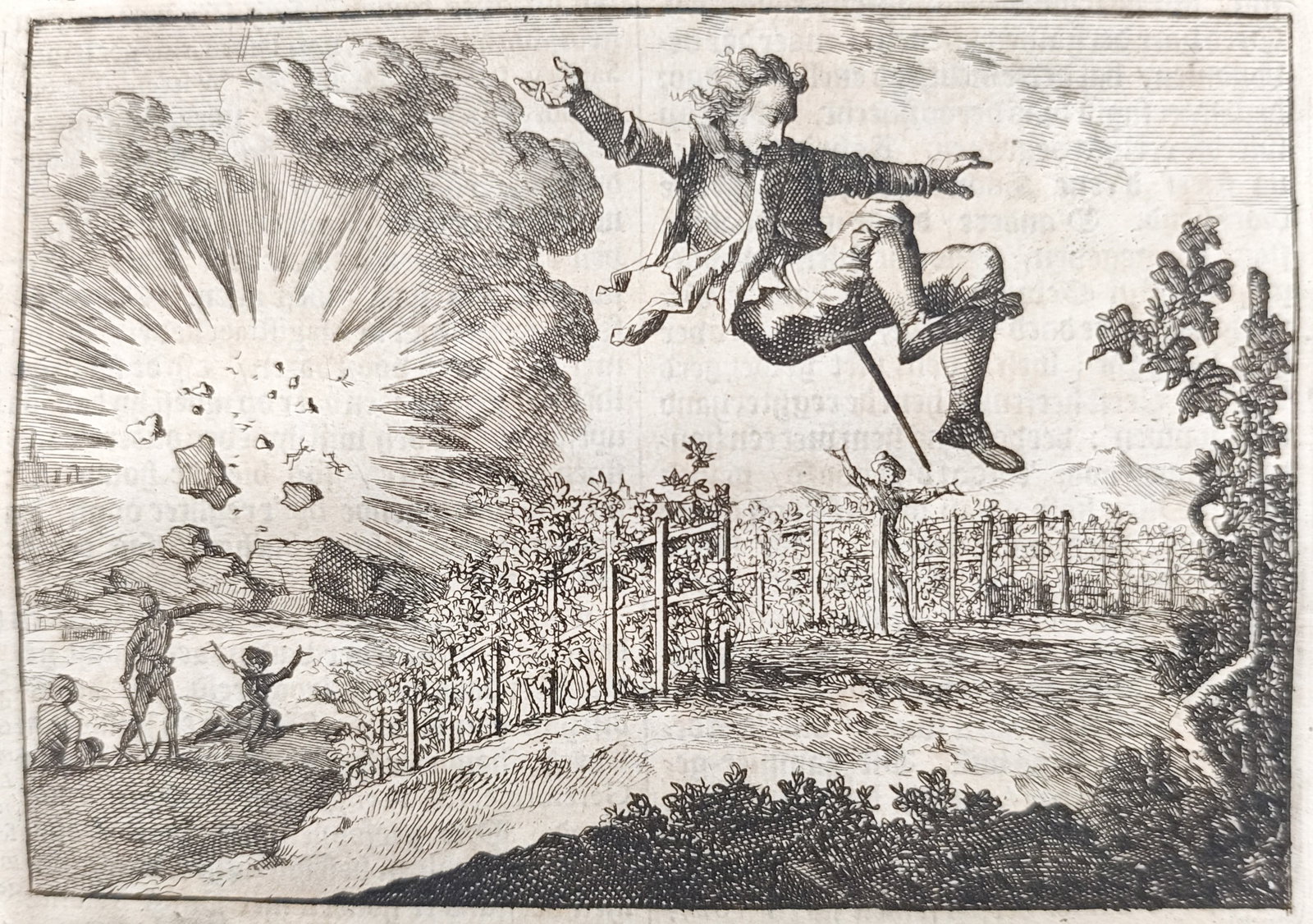 Johann Ludwig Gottfried – The Miraculous Flight of a Soldier Blown by Gunpowder – Engraving (1 of 3)