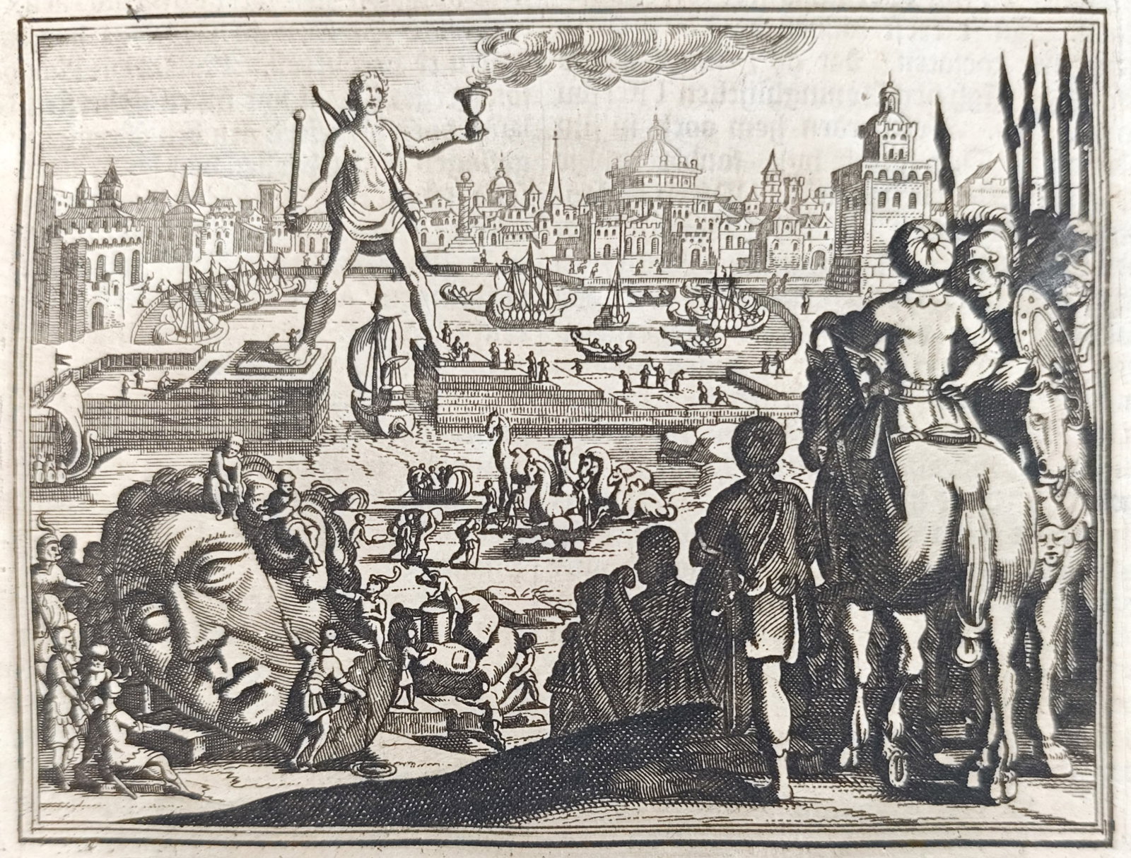 Johann Ludwig Gottfried – The Colossus of Rhodes and Its Ruins – Engraving (17th Century): "The Colossus of Rhodes and Its Ruins" illustrates classical antiquity through a dual depiction of the towering ancient wonder straddling the harbor alongside colossal fallen head fragments examined b