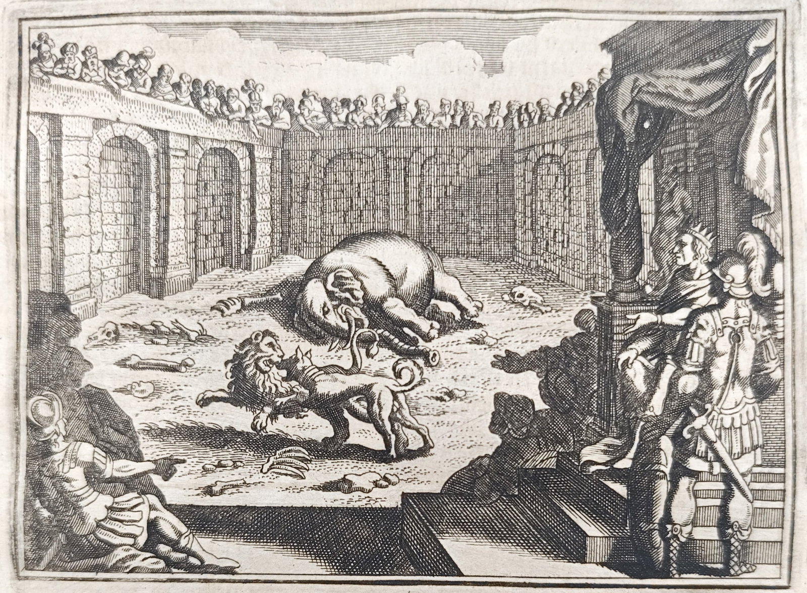Johann Ludwig Gottfried – Combat of Wild Beasts Before Alexander the Great – Engraving: "Combat of Wild Beasts Before Alexander the Great" illustrates an ancient arena spectacle where royal spectators observe a fierce struggle between an elephant, a lion, and hunting hounds within a monu