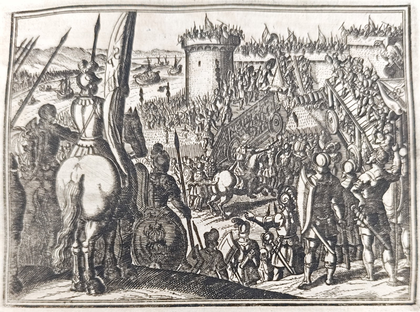 Johann Ludwig Gottfried – The Siege and Storming of a Fortified City – Engraving (17th Century): "The Siege and Storming of a Fortified City" illustrates an assault on a heavily defended citadel where armored soldiers storm the ramparts with scaling ladders while naval galleys gather offshore. Ac