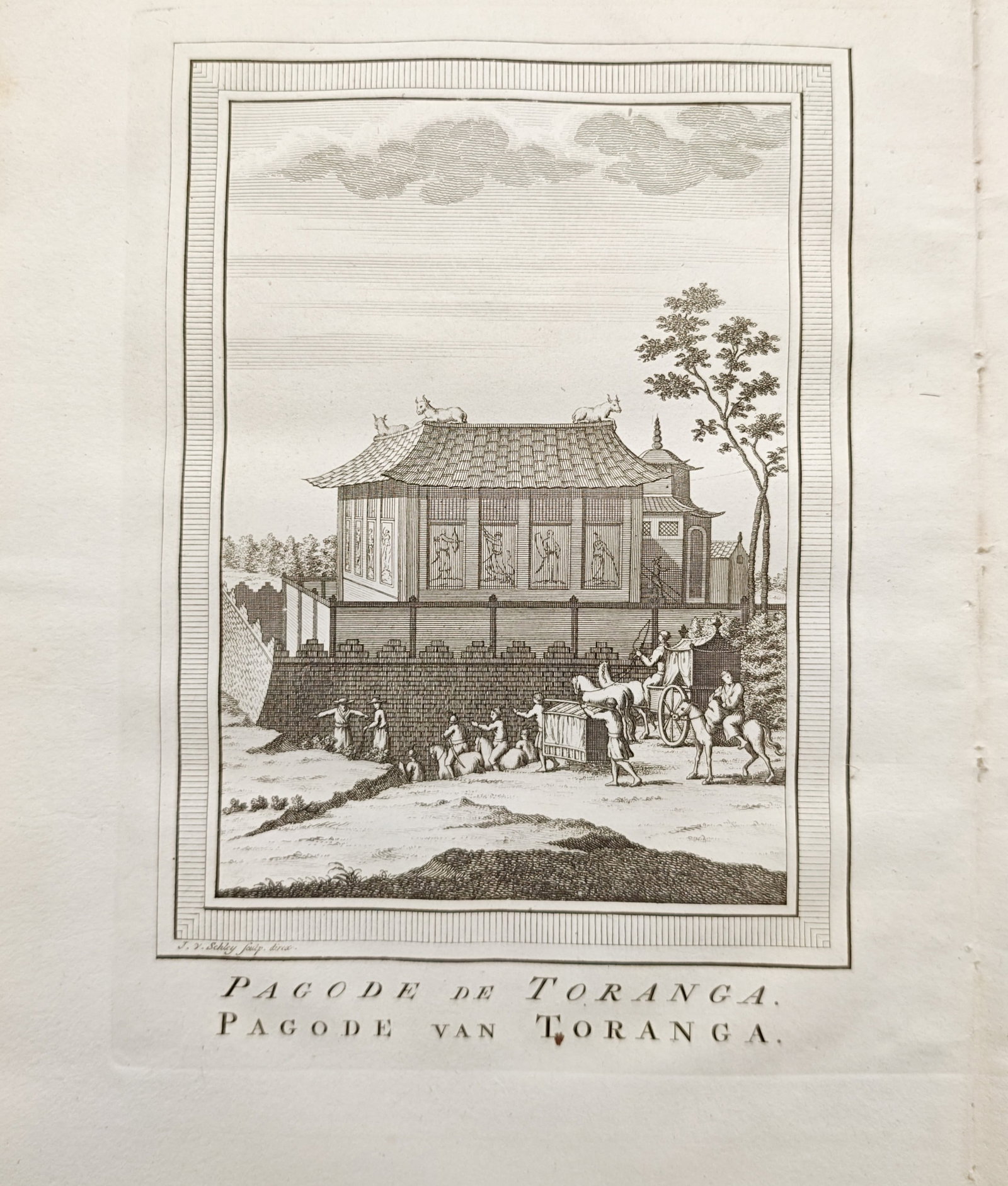 Jakob van der Schley – Pagoda of Toranga – Engraving (18th Century): "Pagoda of Toranga" illustrates an Asian temple complex raised upon a fortified stone terrace with figures, horsemen, and attendants gathered in the foreground. Produced during the eighteenth century 