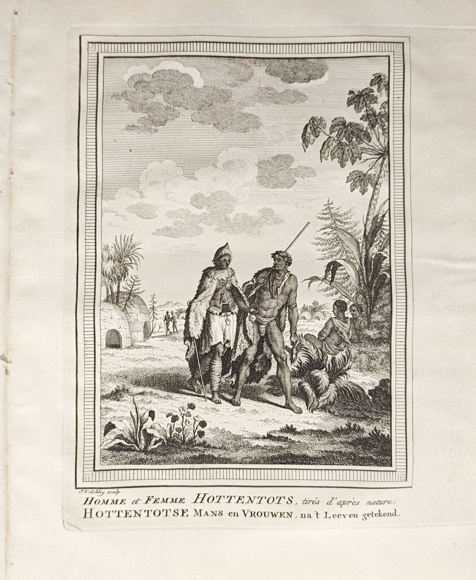 Jakob van der Schley – Hottentot Man and Woman – Engraving (18th Century): "Hottentot Man and Woman" portrays indigenous southern African figures wearing traditional cloaks and adornments within an open pastoral landscape featuring native flora, distant huts, and companion f
