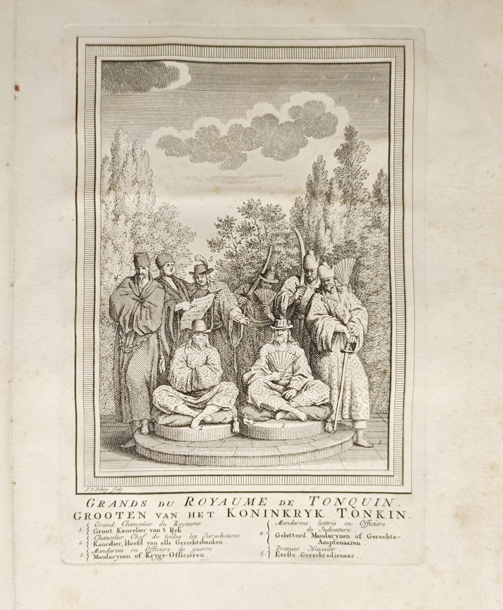 Jakob van der Schley – Nobles of the Kingdom of Tonkin – Engraving (18th Century): "Nobles of the Kingdom of Tonkin" illustrates dignitaries and court officials from northern Vietnam dressed in traditional ceremonial robes and headwear in an outdoor garden setting. Produced during t