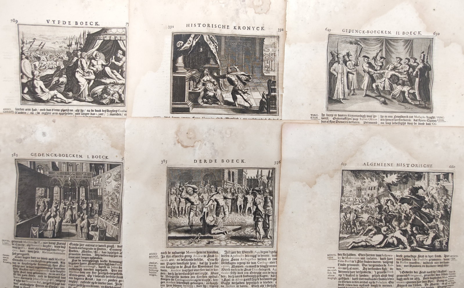 Johann Ludwig Gottfried – Set of 6: Chronicle Scenes of Ancient History and Civic Conflict: "Chronicle Scenes of Ancient History and Civic Conflict" illustrates varied dramatic episodes from world history and classical antiquity, depicting pivotal civic assemblies, military encampments, skir