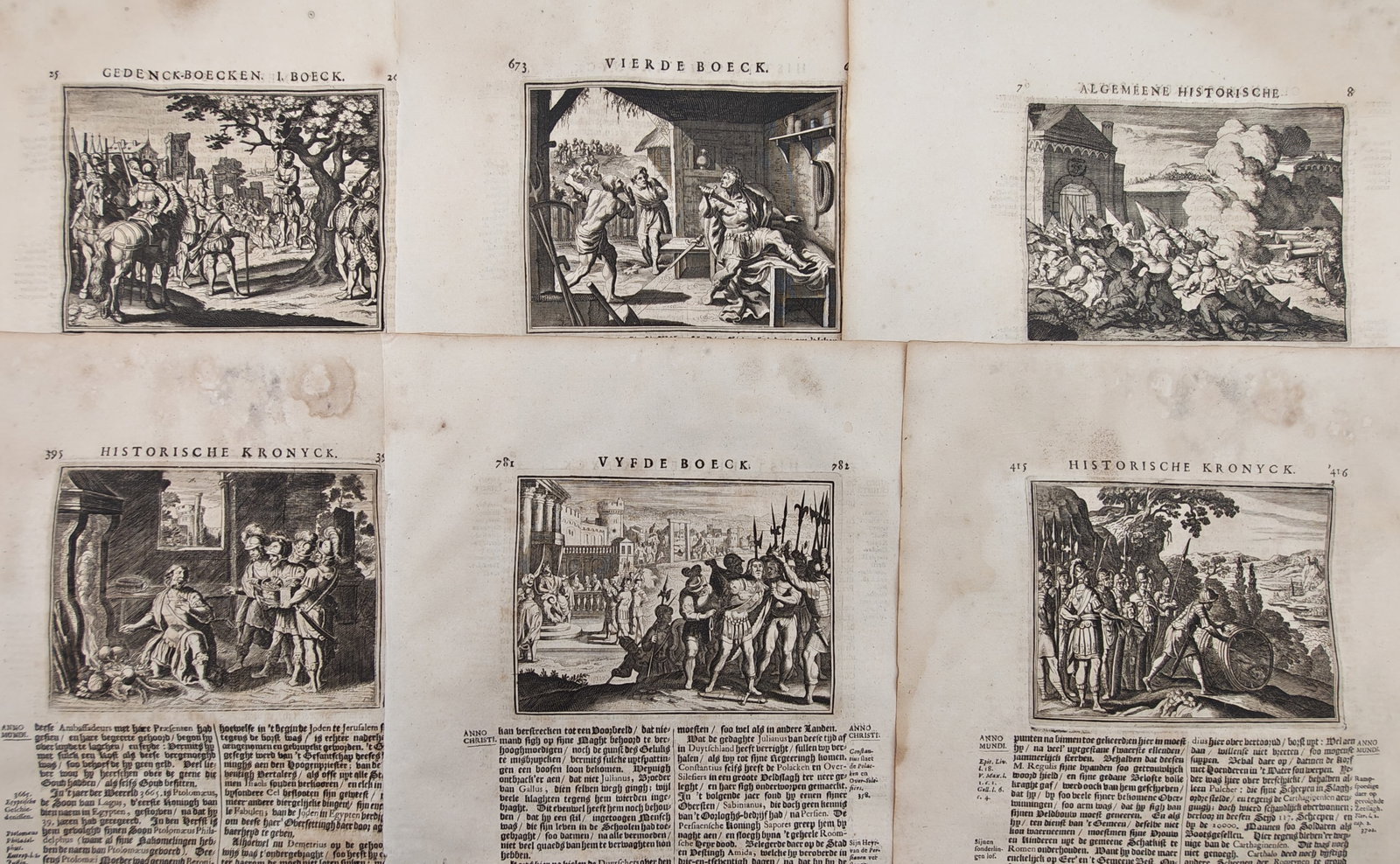 Johann Ludwig Gottfried – Set of 6: Chronicle Vignettes of Classical History and Siege Warfare: "Chronicle Vignettes of Classical History and Siege Warfare" illustrates dynamic episodes from antiquity and the early modern era, featuring fortified city sieges, naval engagements, enthroned rulers,