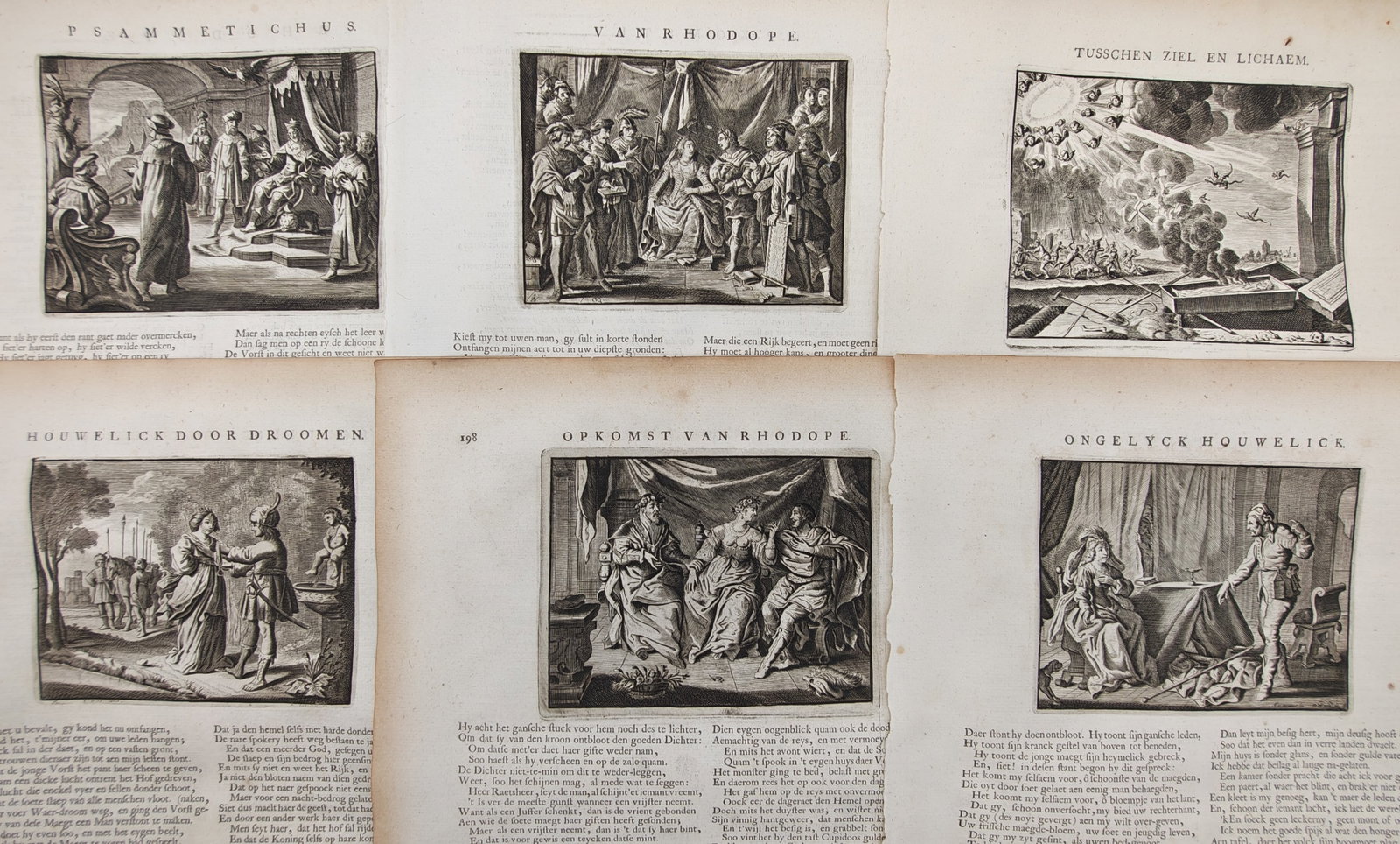 Jacob Cats – Set of 6: Emblematic Scenes on Marriage, Soul, and Rhodope – Engravings: "Emblematic Scenes on Marriage, Soul, and Rhodope" illustrates varied moral allegories and narrative episodes depicting courtly romance, marital fidelity, classical legends, and philosophical reflecti