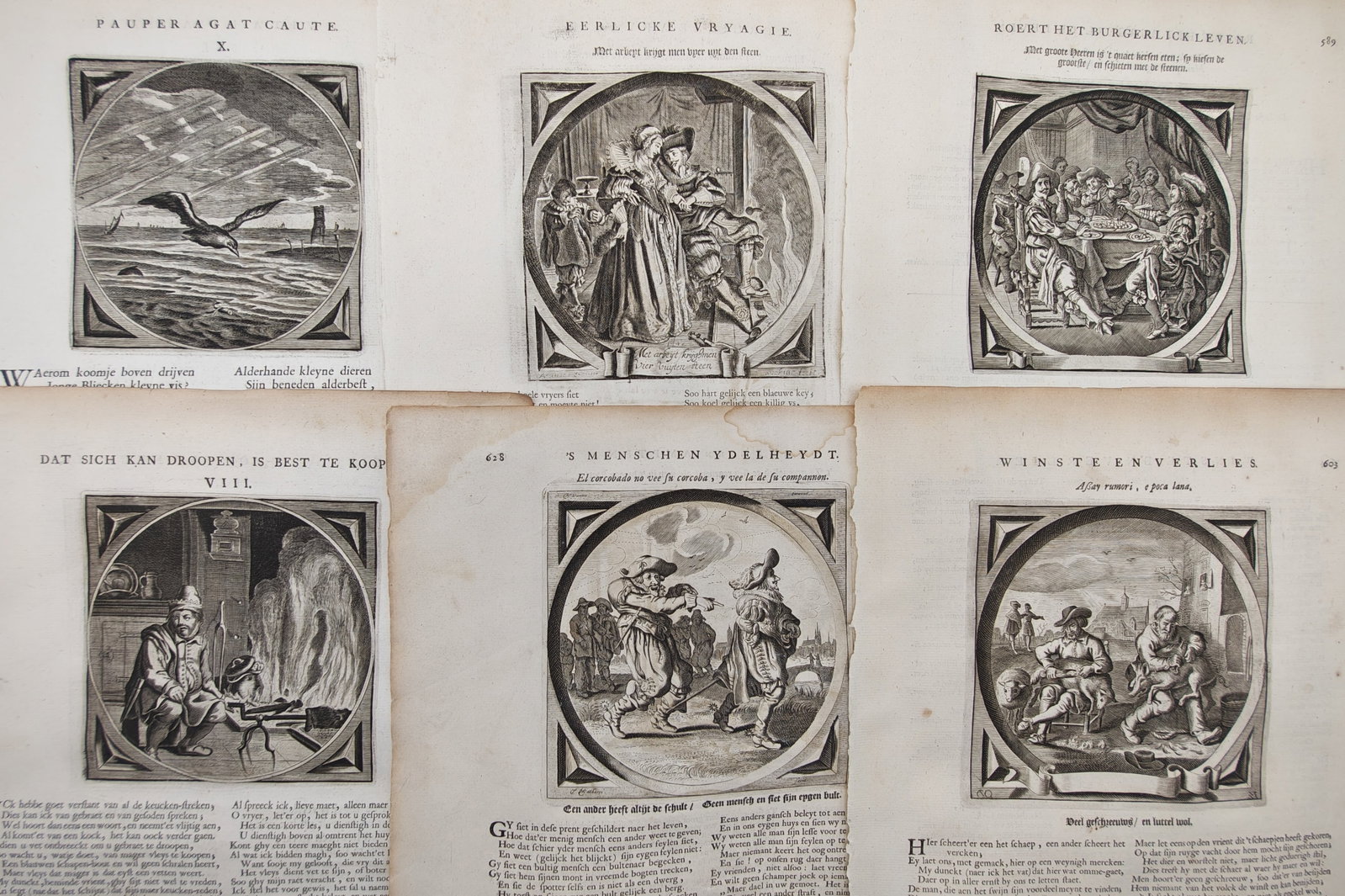Jacob Cats – Set of 6: Emblematic Scenes on Human Vanity, Honest Courtship – Engravings (1 of 2)
