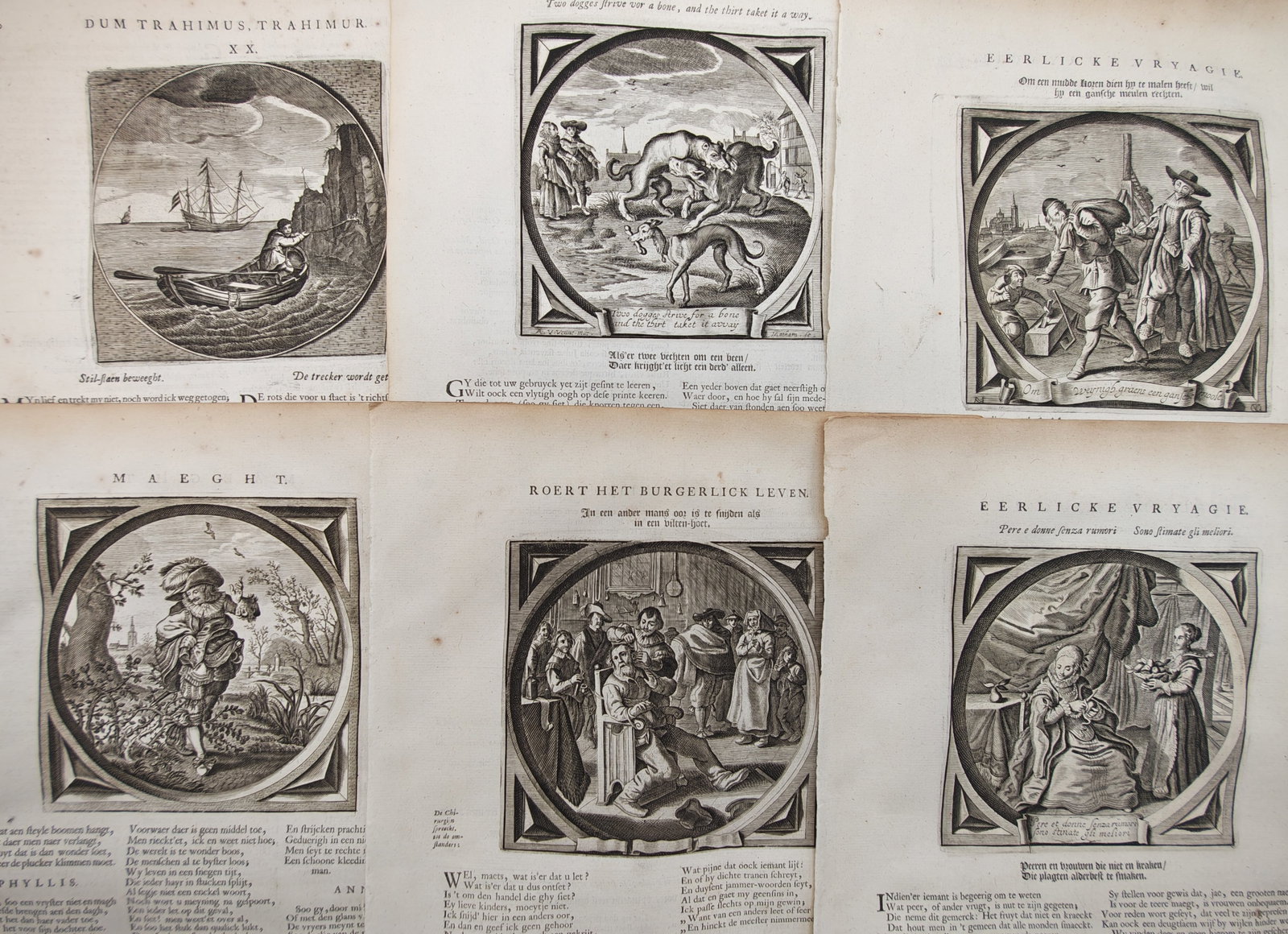 Jacob Cats – Set of 6: Emblematic Scenes on While We Are Drawn, We Draw – Engravings (1 of 2)