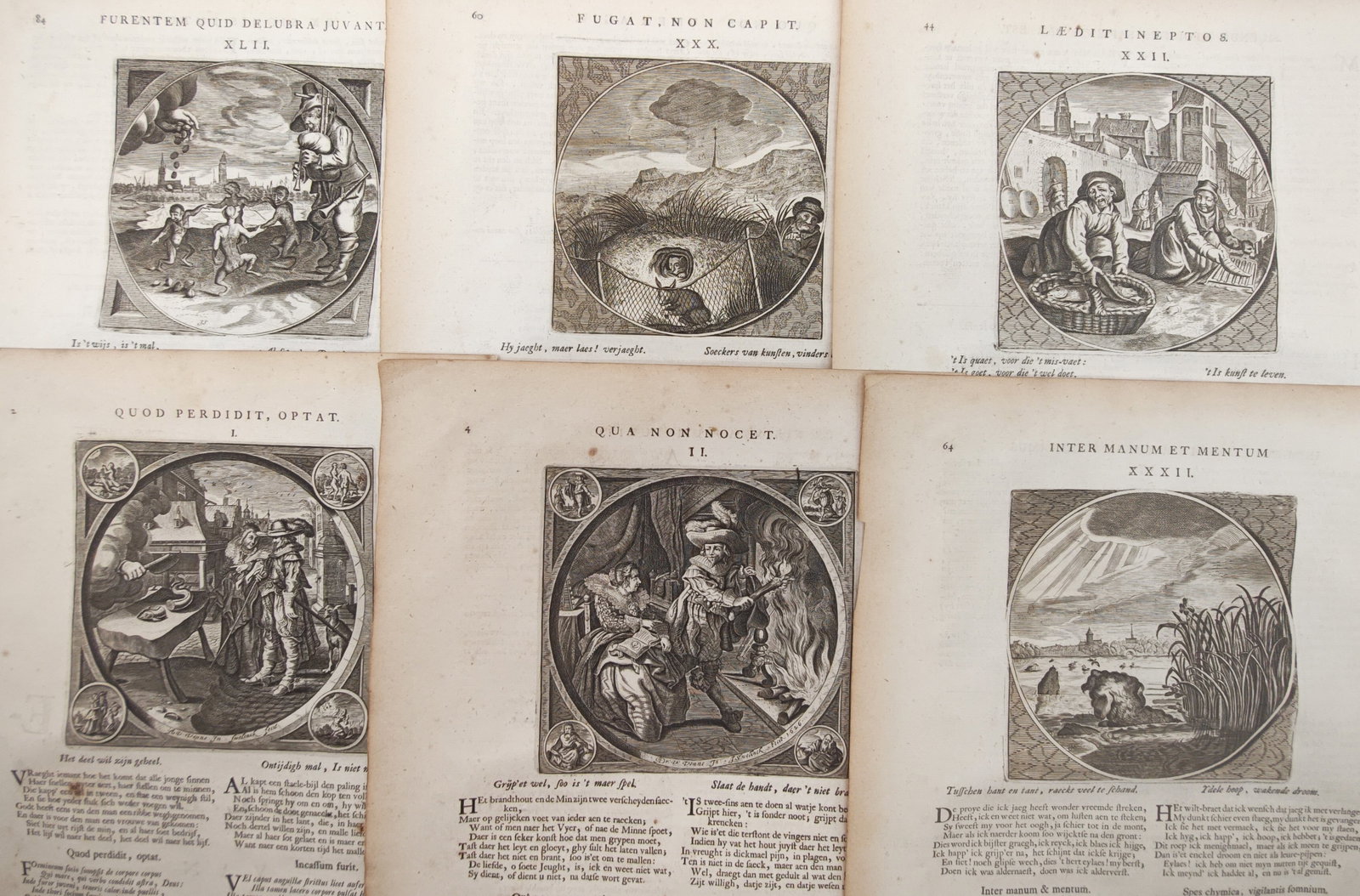 Jacob Cats – Set of 6: Moral Emblems on Human Passions and Worldly Folly – Engravings (1 of 2)