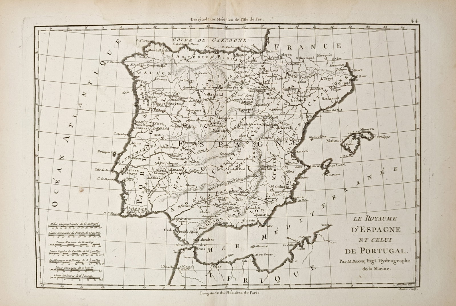 Rigobert Bonne – Map of the Kingdom of Spain and Portugal – Iberian Peninsula – Engraving: "The Kingdom of Spain and That of Portugal" presents a broad eighteenth-century cartographic survey of the Iberian Peninsula, delineating historical kingdoms, regional provinces, mountain ranges, and 