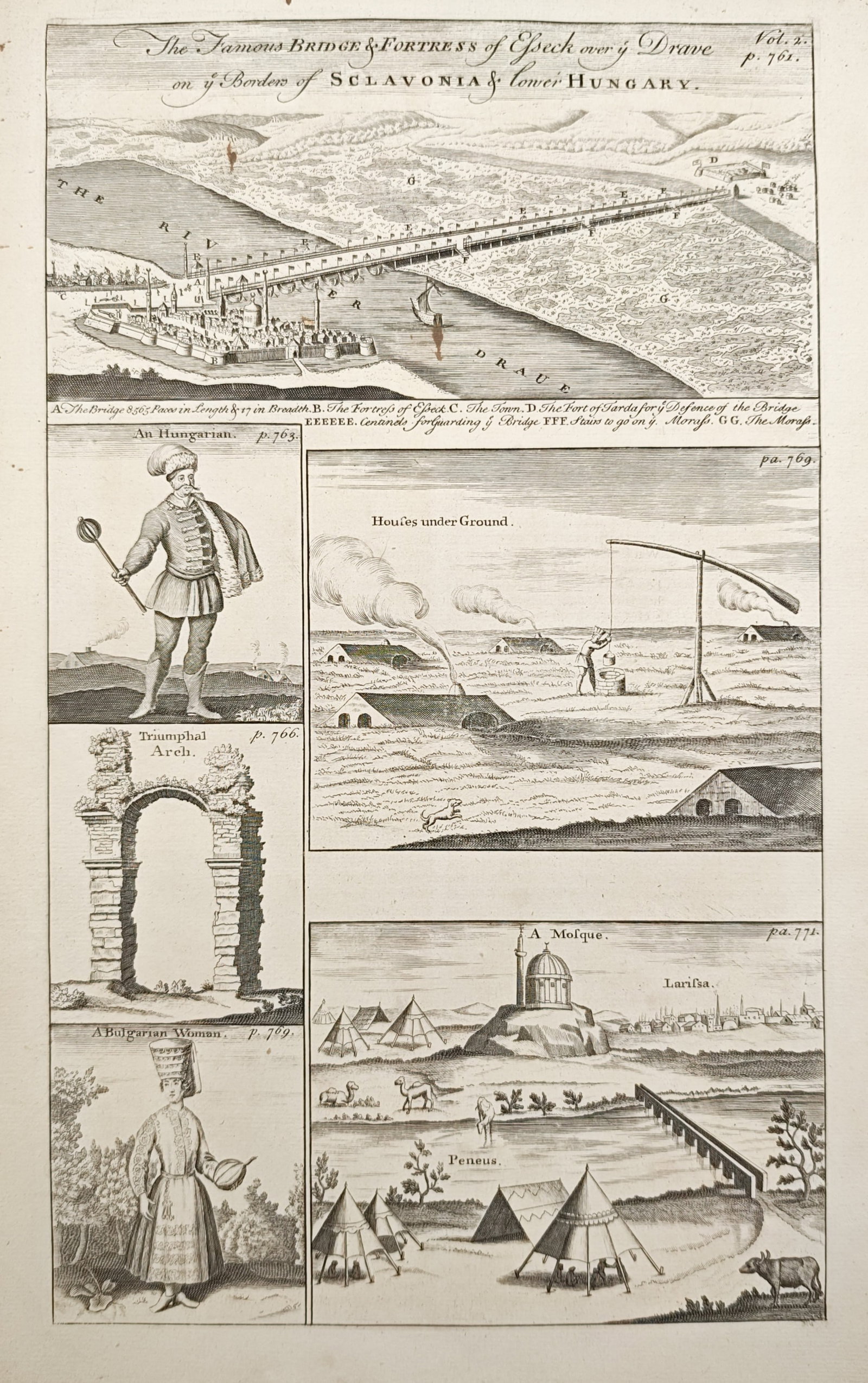 Emanuel Bowen – The Famous Bridge and Fortress of Esseck over the Drave – Engraving (1744): "The Famous Bridge and Fortress of Esseck over the Drave on the Border of Sclavonia and Lower Hungary" presents a multi-panel topographical overview illustrating the celebrated historic bridge and for