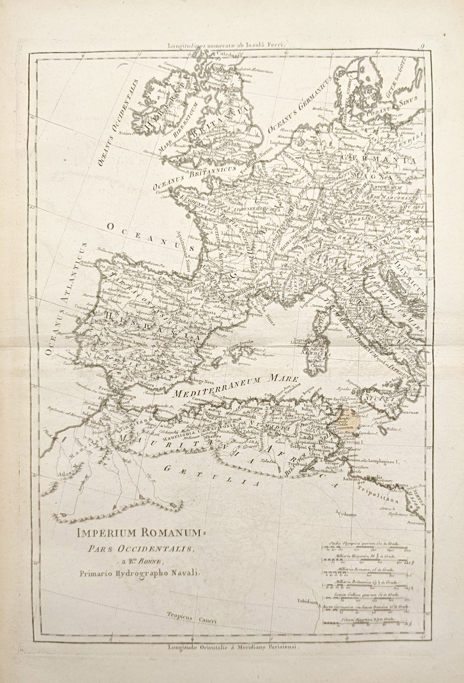 Rigobert Bonne – Map of the Western Roman Empire – Europe – Engraving (18th Century): "Roman Empire Western Part" presents an eighteenth-century historical cartographic reconstruction of the Western Roman Empire, delineating ancient provinces, regional topography, and surrounding water