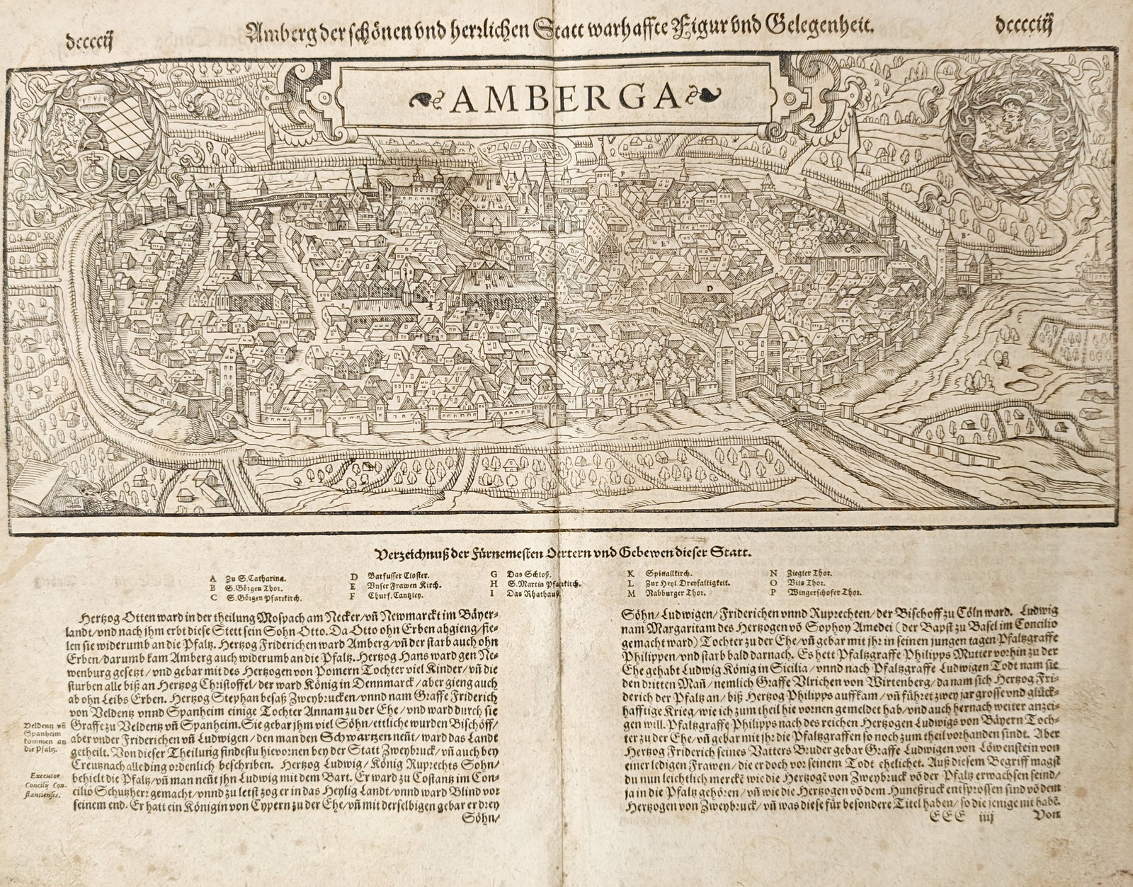 Sebastian Münster – City View of Amberg – Germany – Woodcut (16th Century): "True Figure and Situation of the Beautiful and Splendid City of Amberg" presents a sixteenth-century panoramic birds-eye view of the fortified Bavarian city of Amberg, depicting its defensive town wa