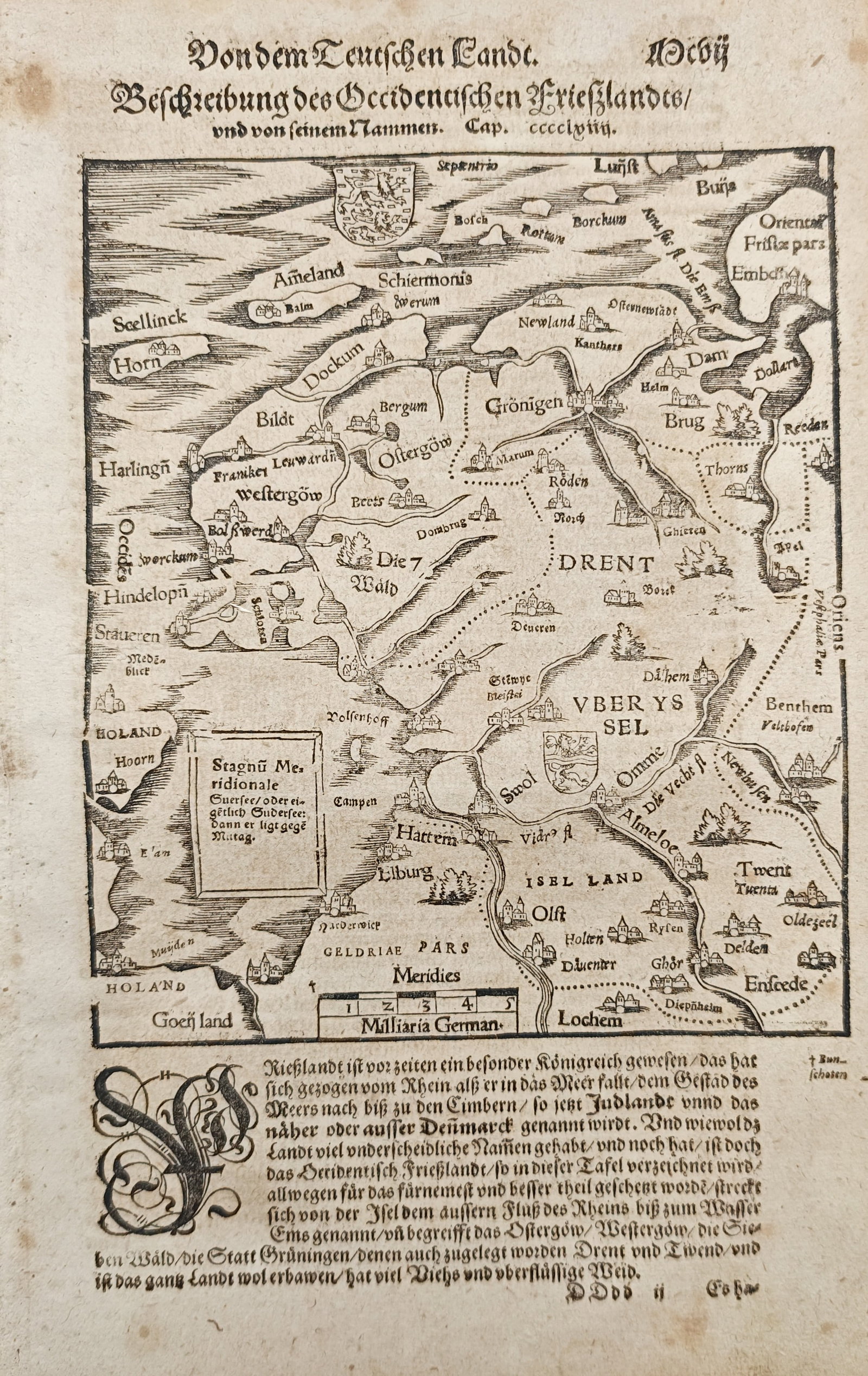 Sebastian Münster – Map of West Frisia – Low Countries – Woodcut (16th Century) (1 of 2)