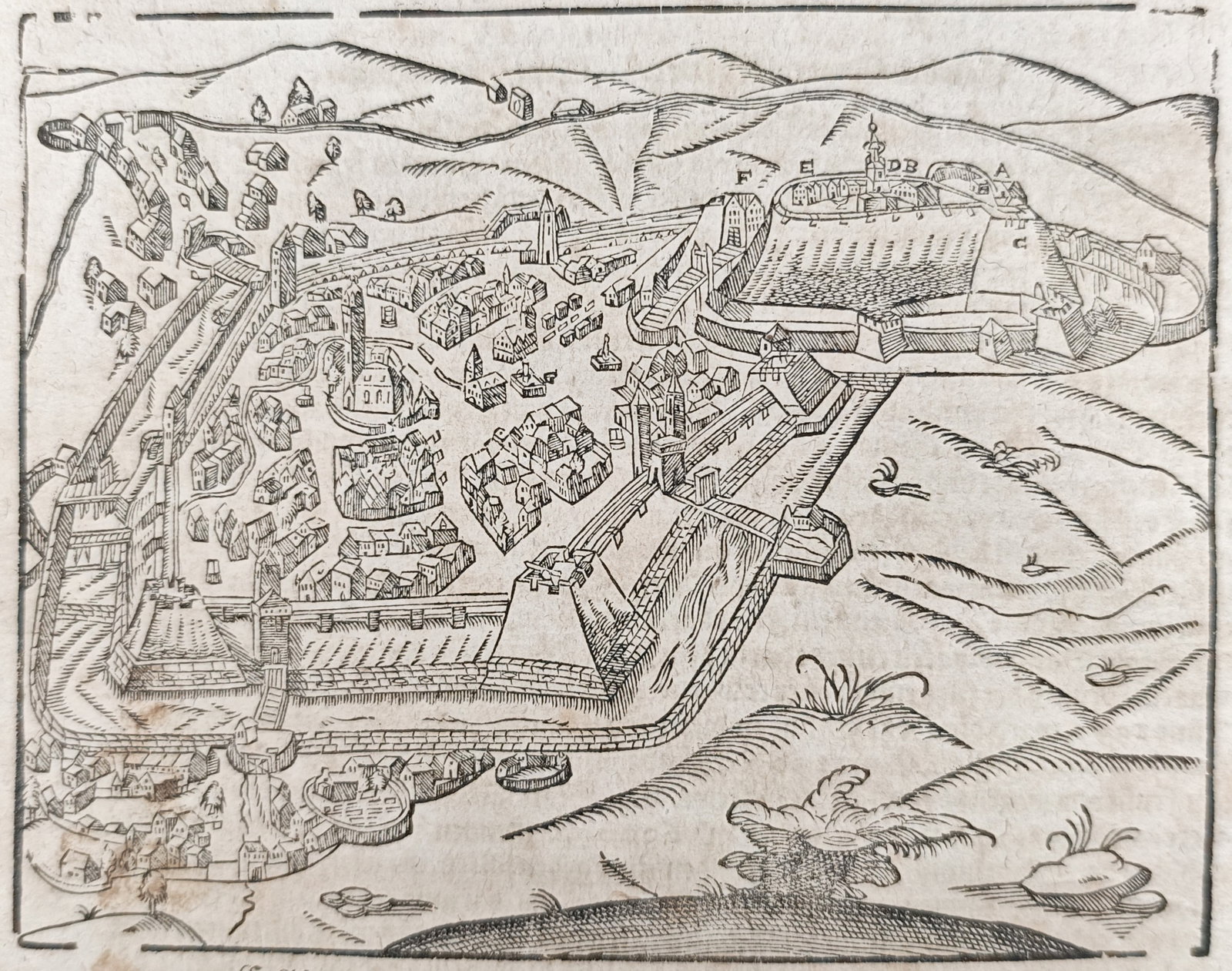 Sebastian Münster – City View of Gotha – Germany – Woodcut (16th Century): "The City of Gotha in Thuringia Together with Its True Likeness" presents a sixteenth-century birds-eye topographical overview of the fortified city of Gotha, illustrating its urban architecture, defe