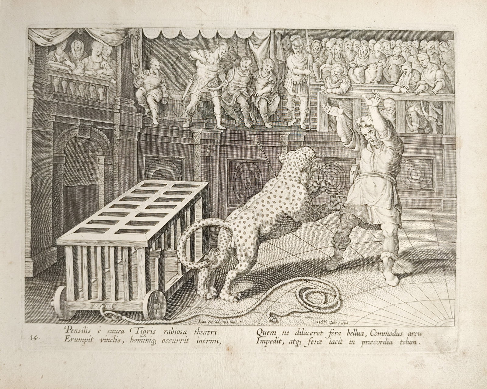 Philips Galle – Emperor Commodus Slaying a Tiger in the Roman Amphitheater – Engraving: "A Raging Tiger Breaks from Its Cage in the Roman Arena" portrays a dramatic Roman gladiatorial hunt from antiquity where a ferocious predator leaps from a transport cage toward an unarmed victim befo