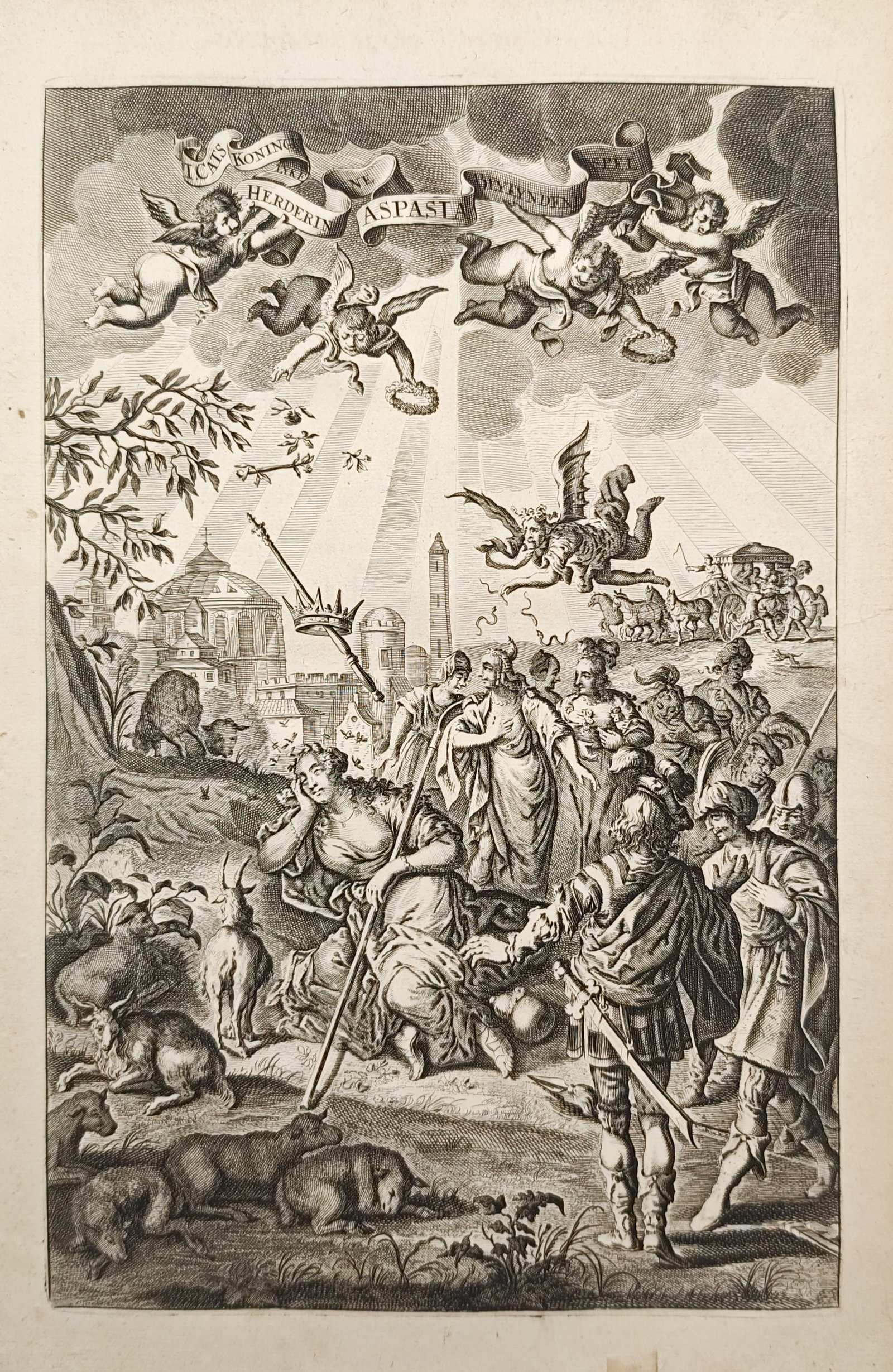Jacob Cats – Allegory of Aspasia the Shepherdess Queen – Engraving (17th Century): "Aspasia Shepherdess Queen" illustrates a seventeenth-century allegorical narrative portraying the pastoral figure of Aspasia surrounded by flock animals, regal suitors, classical architecture, and fl