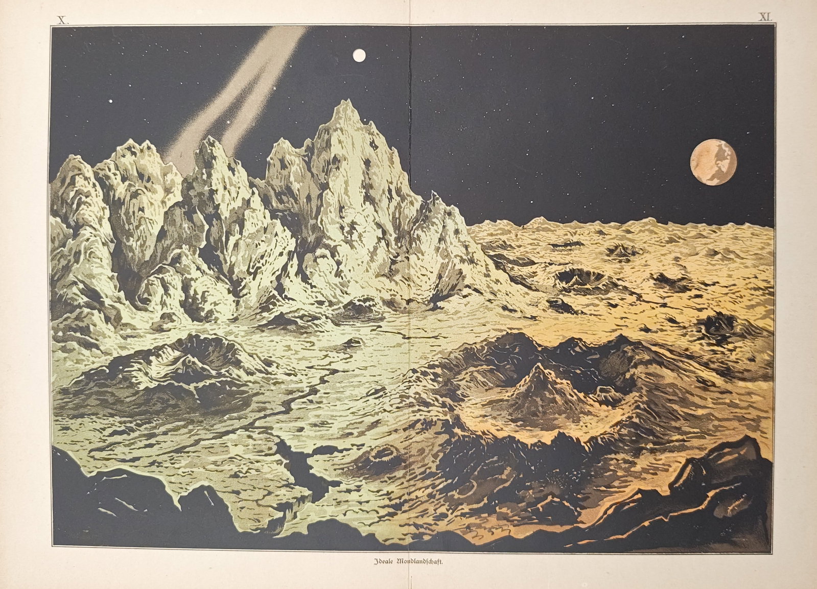 Edmund Weiss – Ideal Lunar Landscape – Lithograph (19th Century): "Ideal Lunar Landscape" presents a nineteenth-century astronomical visualization depicting the rugged surface of the Moon with jagged mountain peaks, impact craters, and deep rifts set against the bla