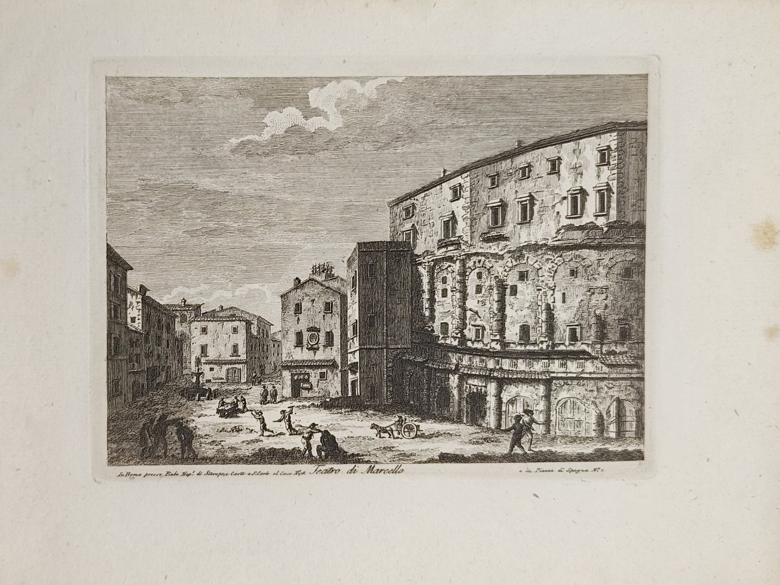 Pietro Parboni – Theatre of Marcellus – Engraving (19th Century): "Theatre of Marcellus" presents an architectural veduta documenting the ancient Roman theatre integrated into later residential structures, overlooking an open city square animated with figures and ho