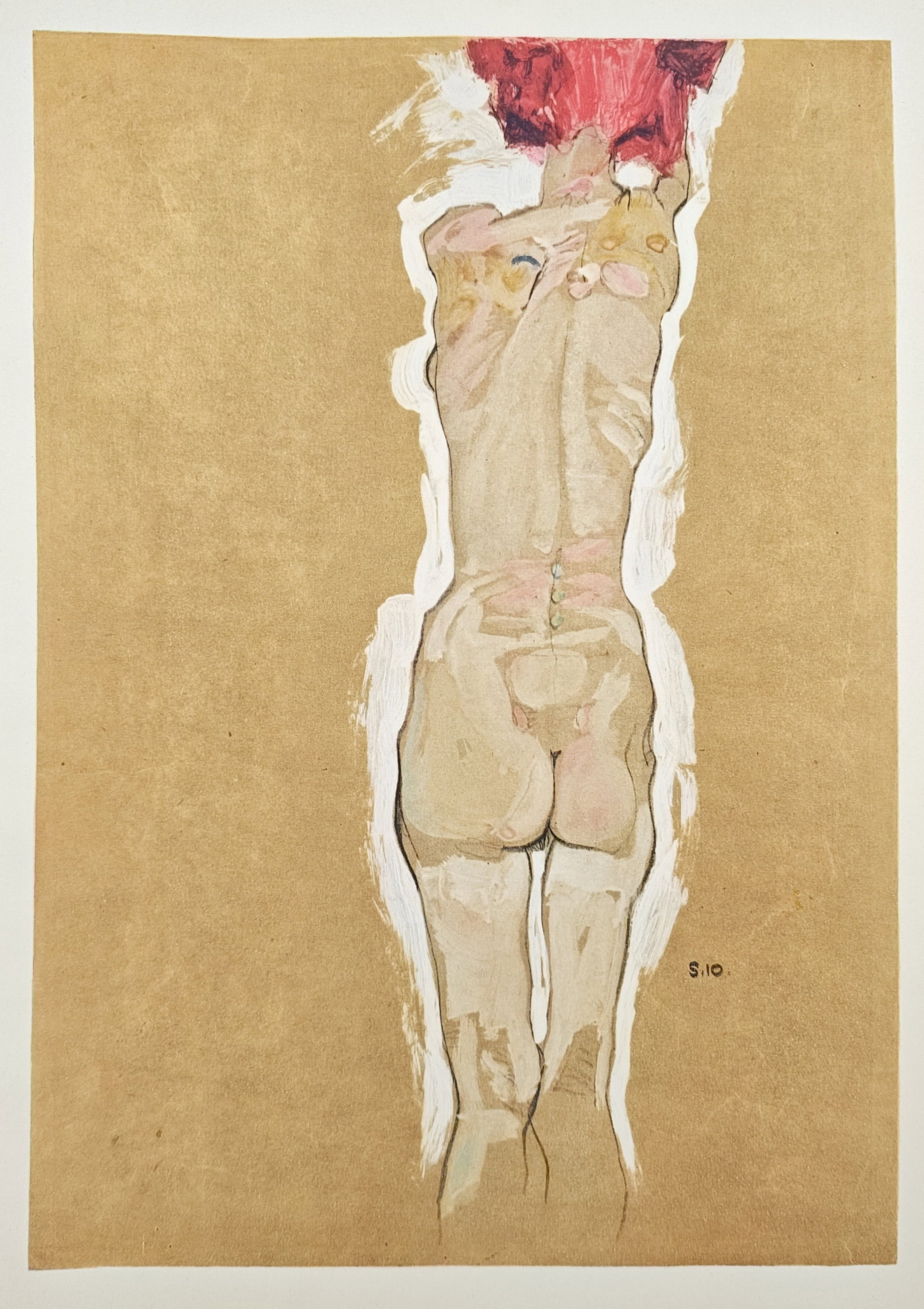Egon Schiele,after – Standing Female Nude from Behind – Offset lithograph (20th Century): "Standing Female Nude from Behind" presents an expressive figurative study illustrating the slender full-length silhouette and contoured back of a female figure framed by white gouache highlighting ag