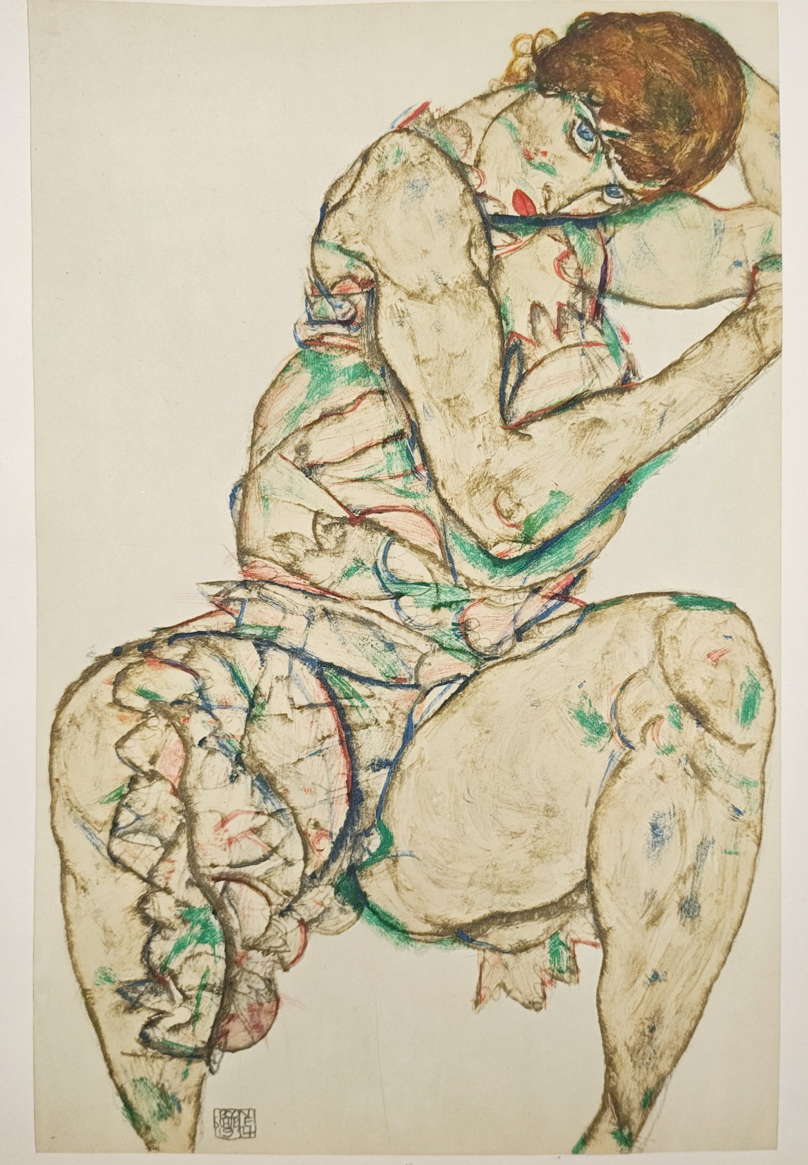 Egon Schiele,after – Crouching Female Nude – Offset lithograph (20th Century): "Crouching Female Nude" presents an expressive figurative study depicting a contorted female figure with raised arms, vibrant linear accents, and ruffled garments set against a pale ground. Based on e