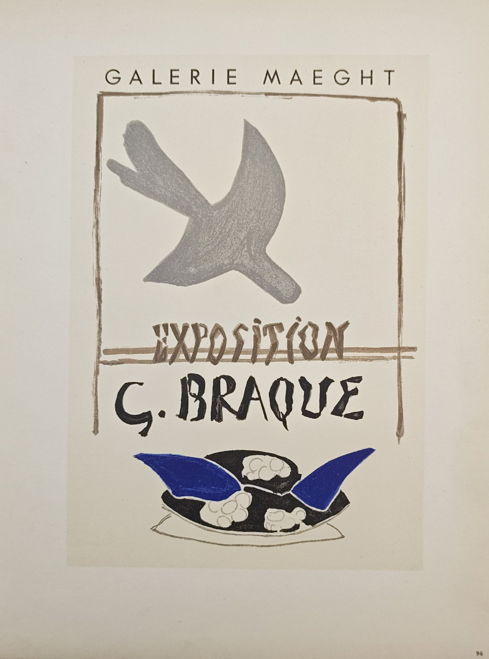 Georges Braque,after – Galerie Maeght Exposition G. Braque – Offset lithograph (20th Century): "Galerie Maeght Exposition G. Braque" presents an exhibition poster composition featuring a stylized gray bird in flight set above hand-lettered exhibition text and an abstract dish arrangement accent