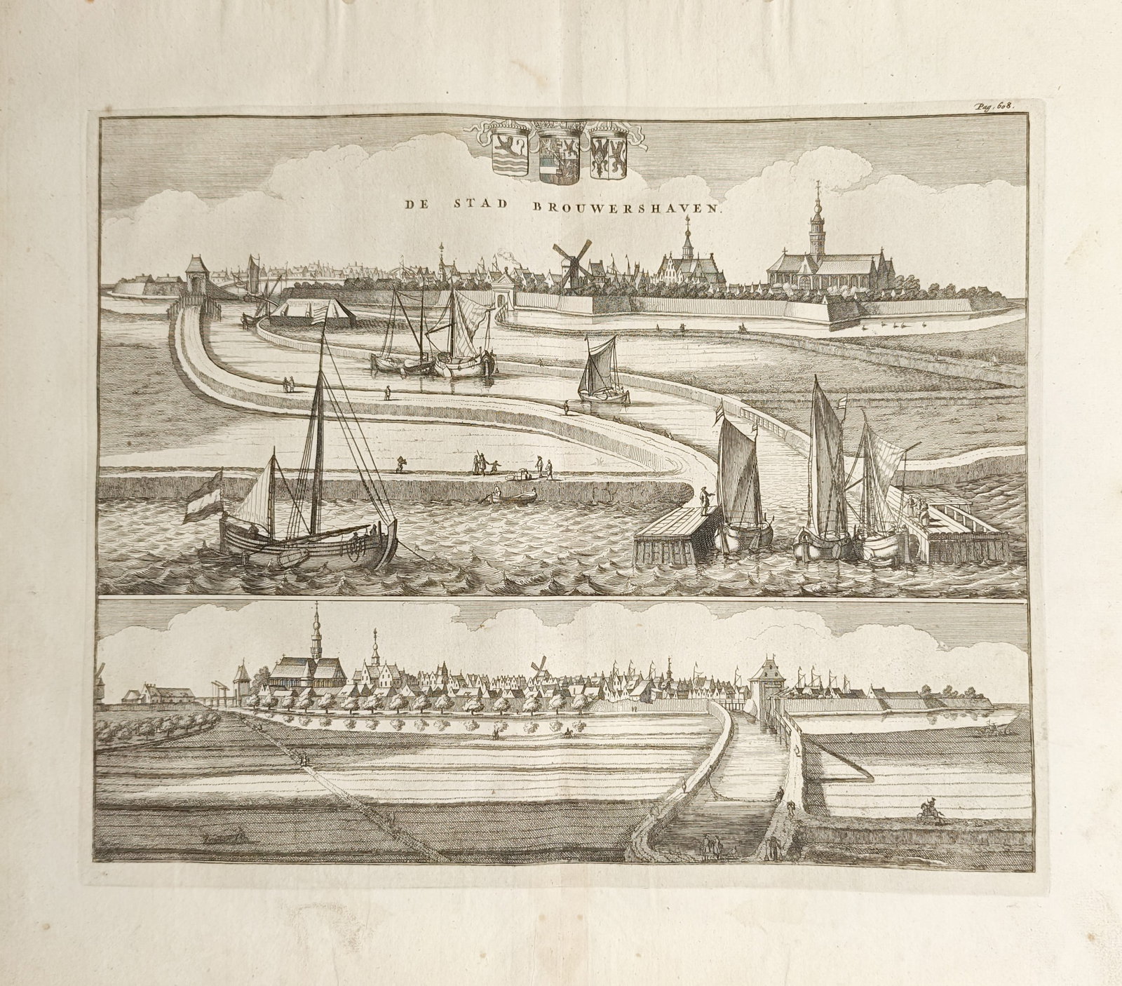 Mattheus Smallegange – Panoramic Views of the City of Brouwershaven – Engraving (1696): "The City of Brouwershaven" presents a dual topographical landscape illustrating the coastal city skyline, harbor waterways, windmills, fortified walls, and navigating sailing vessels beneath municipa