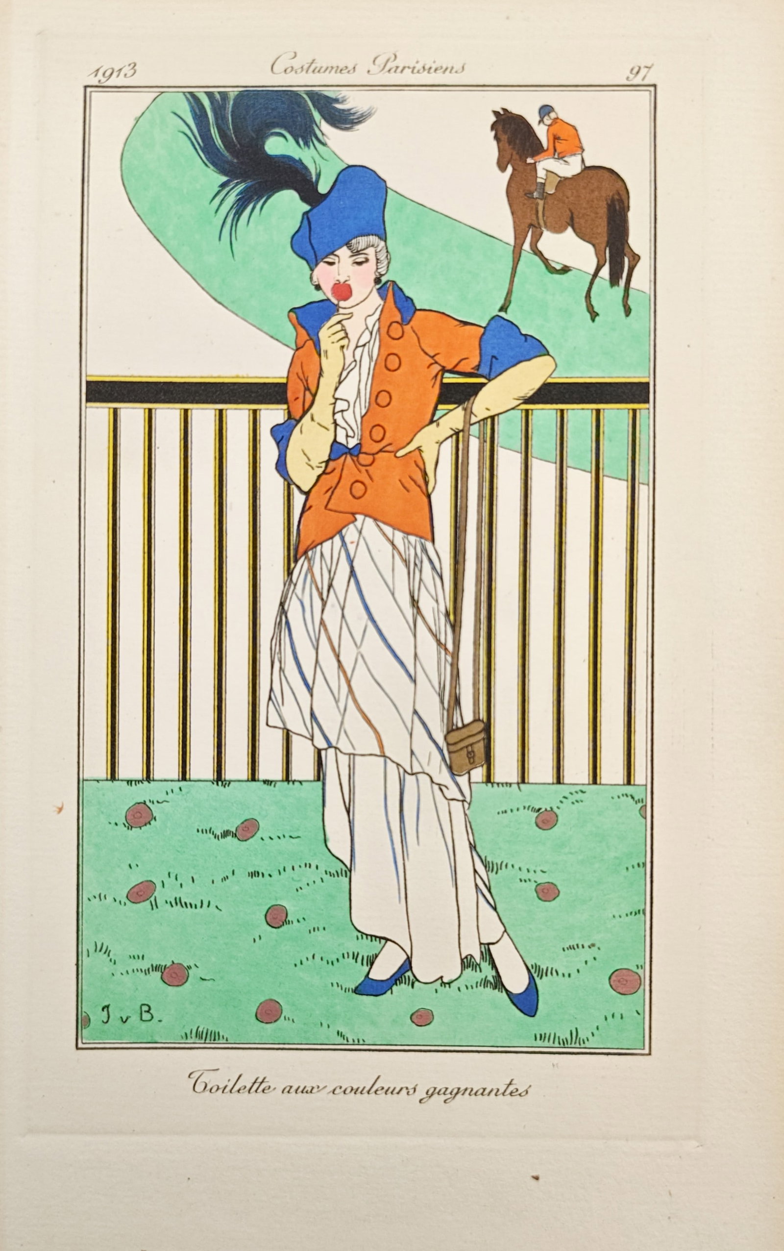 Jan van Brock – Outfit in Winning Colors – Pochoir (1913): "Outfit in Winning Colors" presents an Art Deco fashion illustration depicting an elegant woman in a vibrant tailored jacket, feathered hat, and draped gown attending a horse race near the track raili