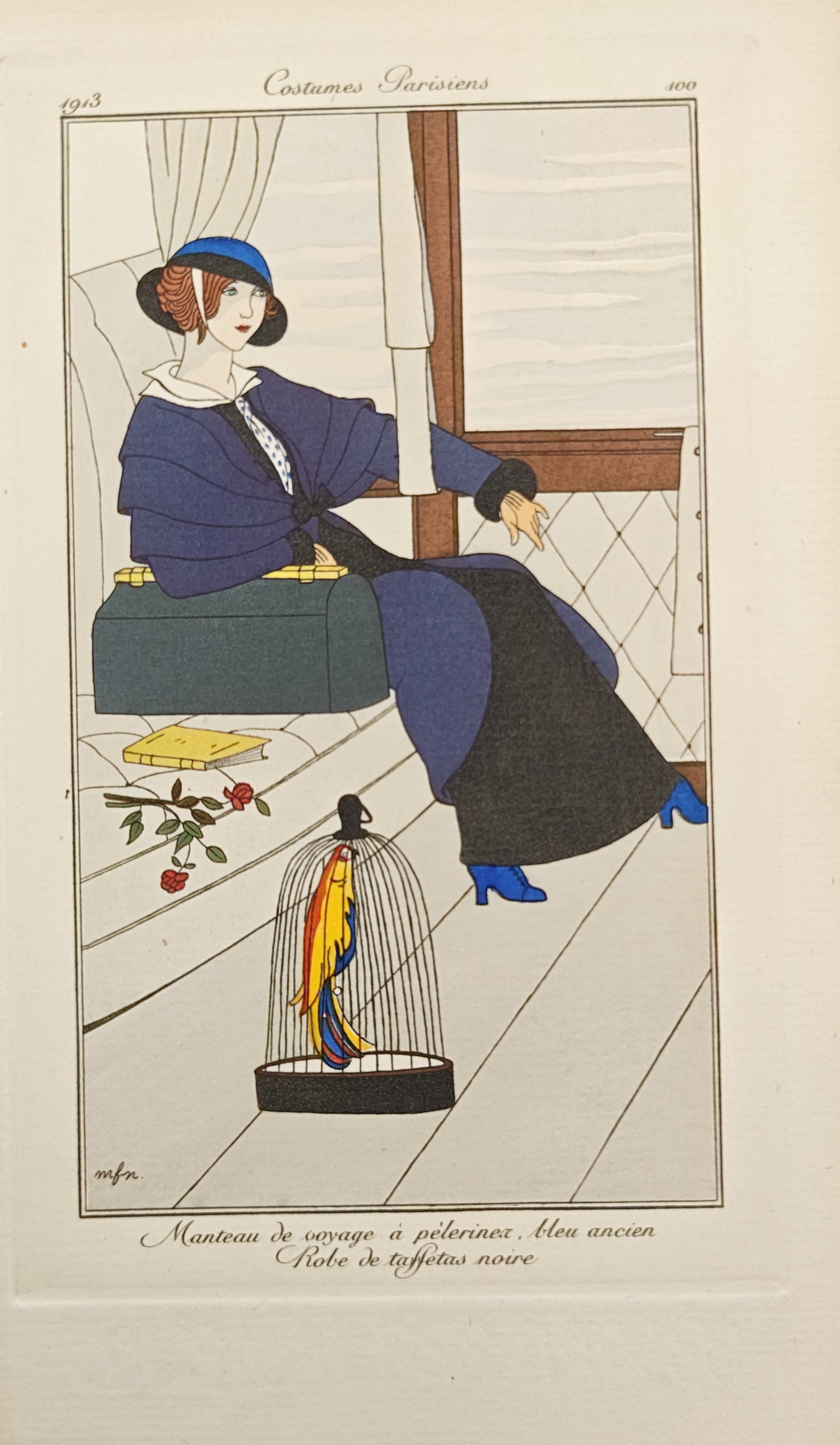 Marie-Madeleine Franc-Nohain – Travel Coat with Cape and Black Taffeta Dress – Pochoir (1913): "Travel Coat with Cape and Black Taffeta Dress" presents an Art Deco fashion illustration depicting an elegant woman reclining in a train carriage beside luggage, books, and a caged parrot while weari