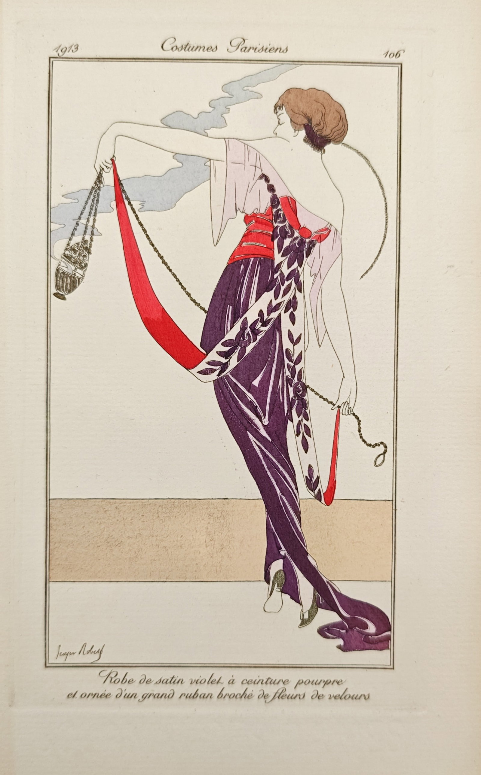 Georges Robert – Violet Satin Dress with Purple Belt – Pochoir (1913): "Violet Satin Dress with Purple Belt" presents an Art Deco fashion illustration depicting an elegant woman in a flowing evening gown adorned with a vibrant scarlet sash, brocaded floral ribbon, and ha